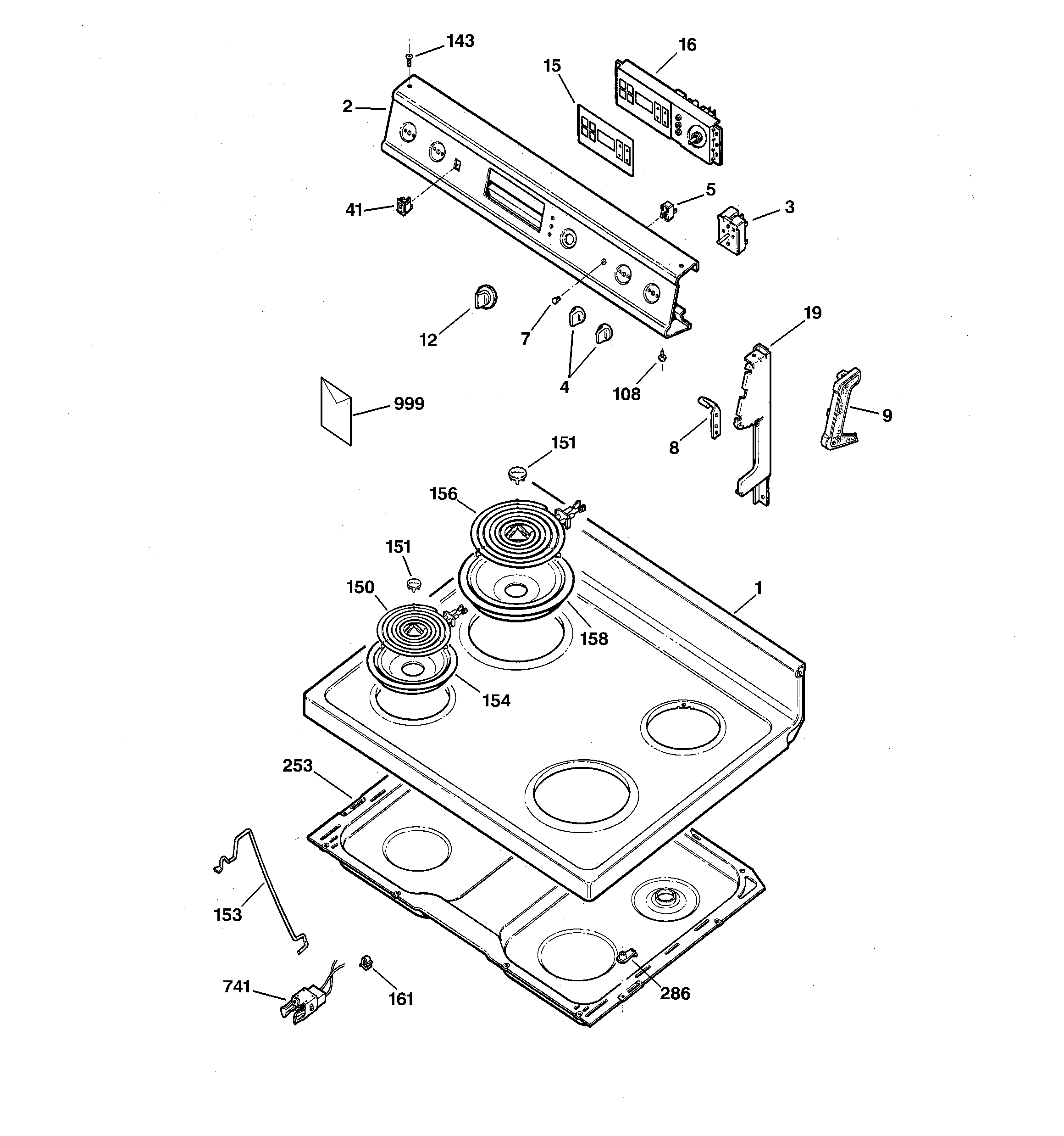 GE JBP21WA1 control panel & cooktop diagram