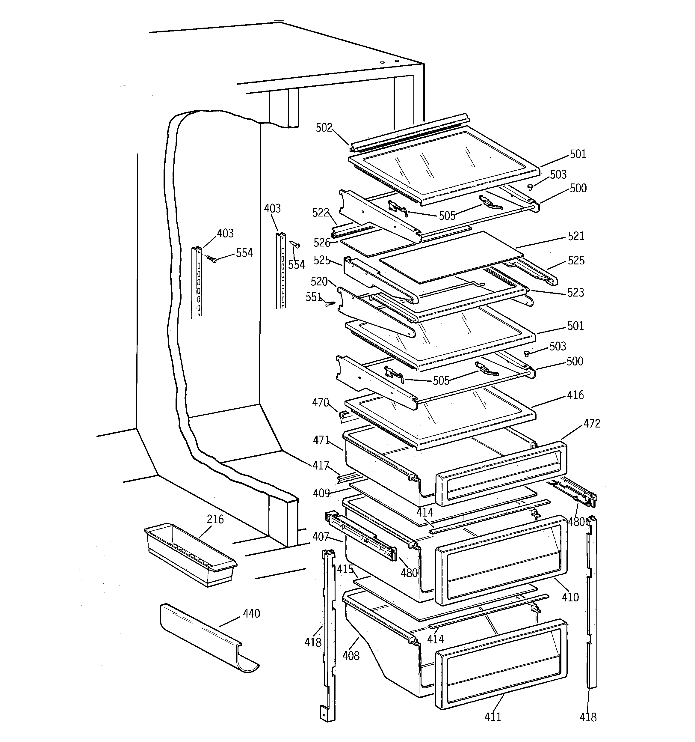 GE TPG21BRBBWW fresh food shelves diagram