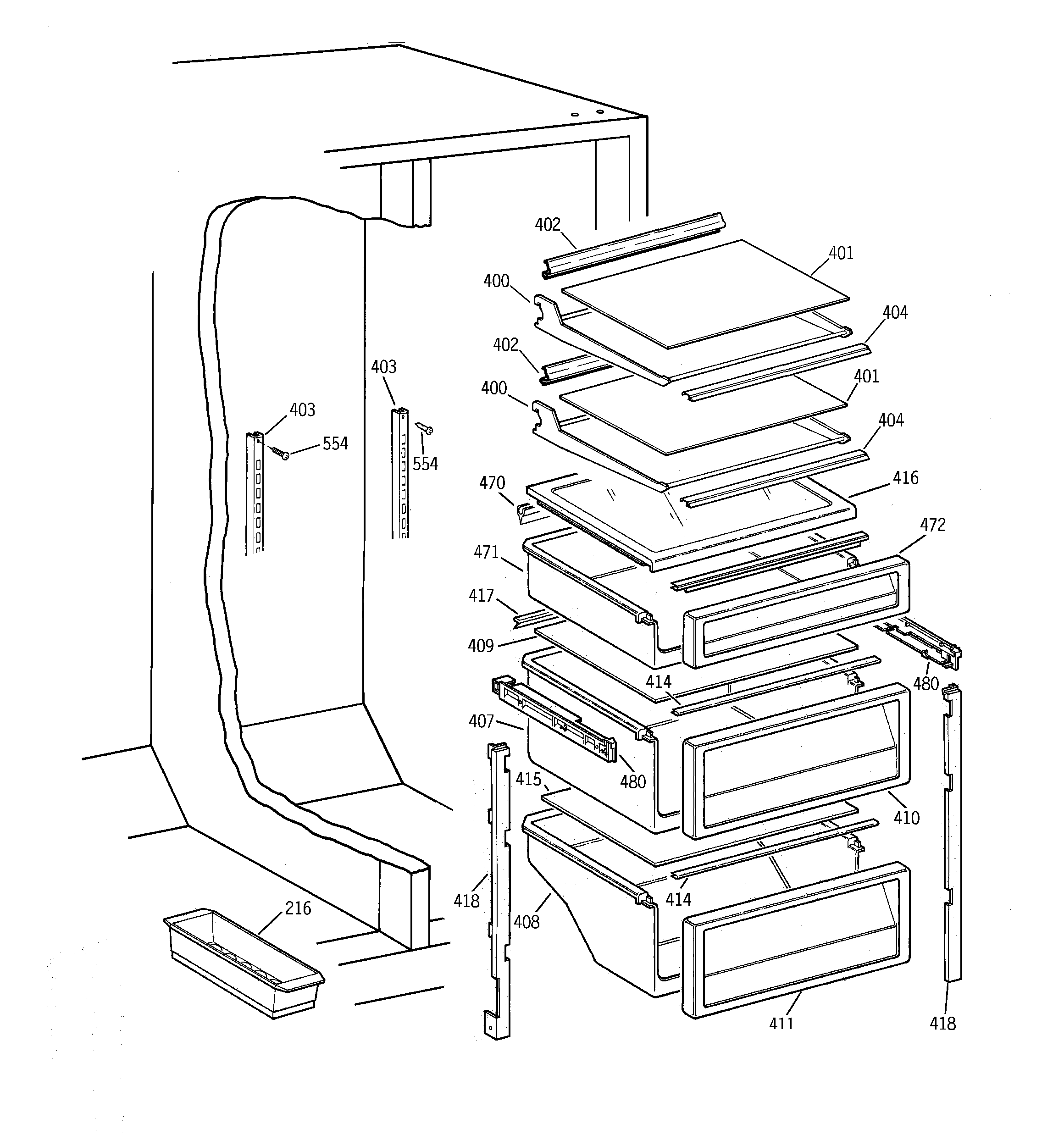 GE TPG21KRBBWH fresh food shelves diagram