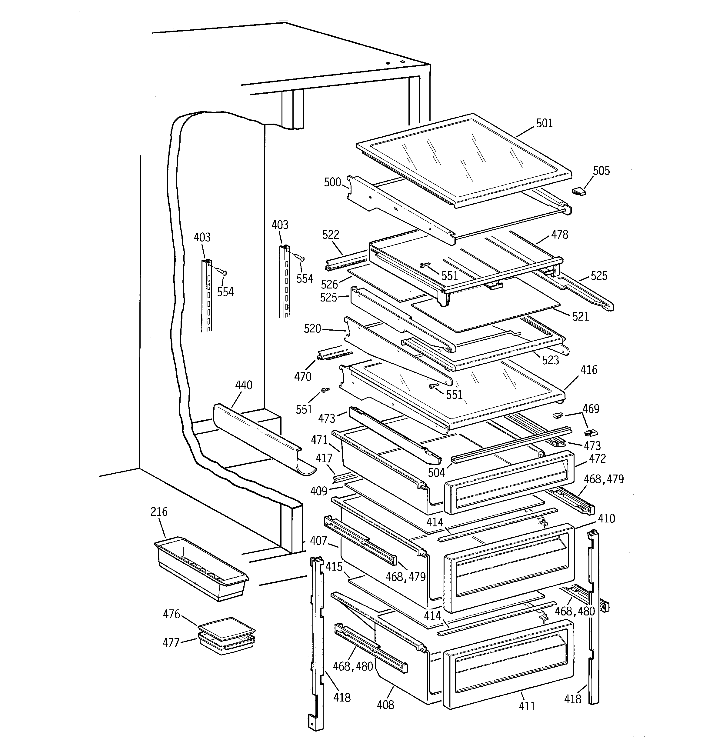 GE TPG24BFBBWW fresh food shelves diagram