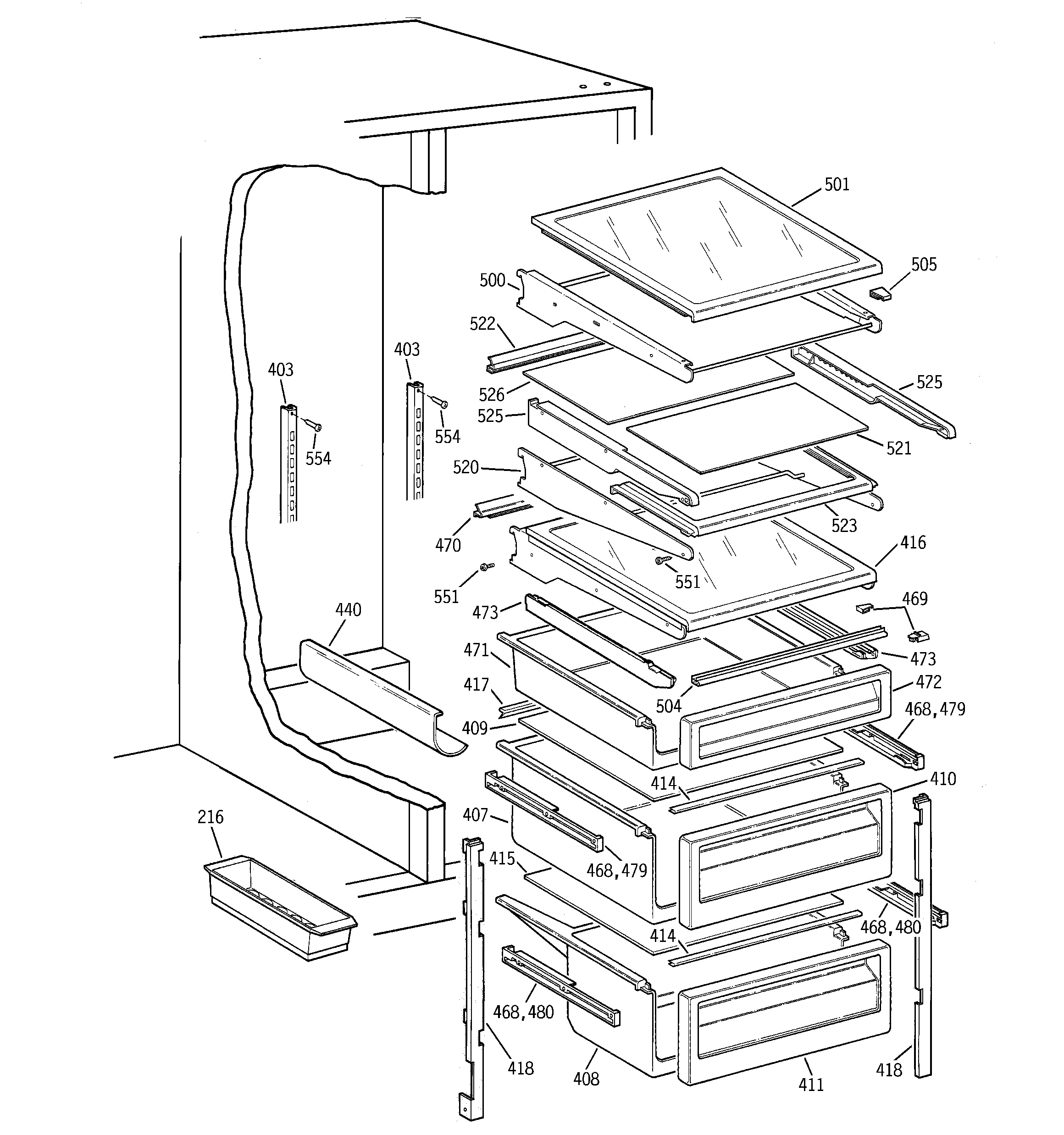 GE TFZ22PRBBWW fresh food shelves diagram