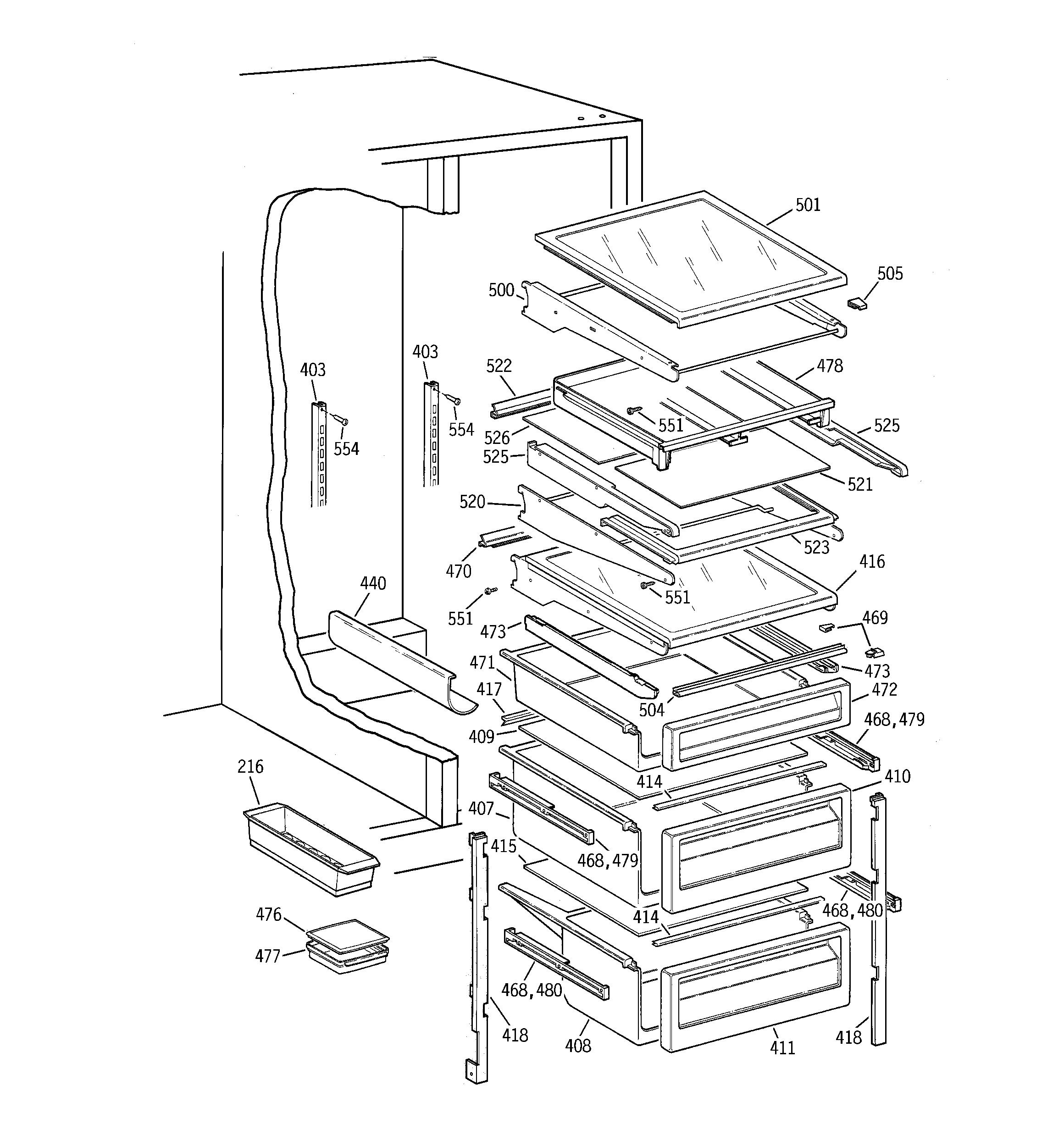 GE TPK24PFBBAA fresh food shelves diagram
