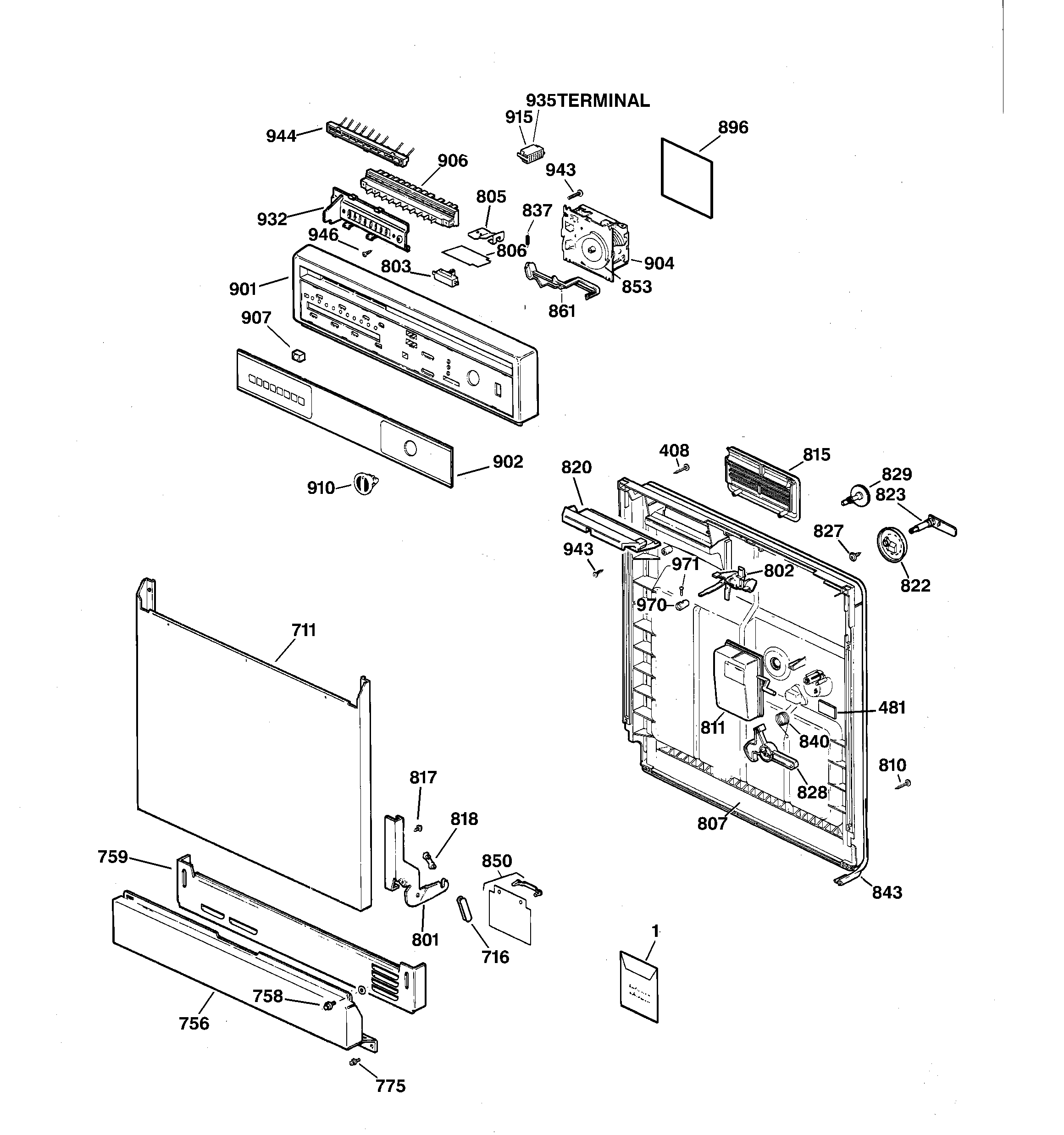 GE GSD3630Z04WW escutcheon & door assembly diagram