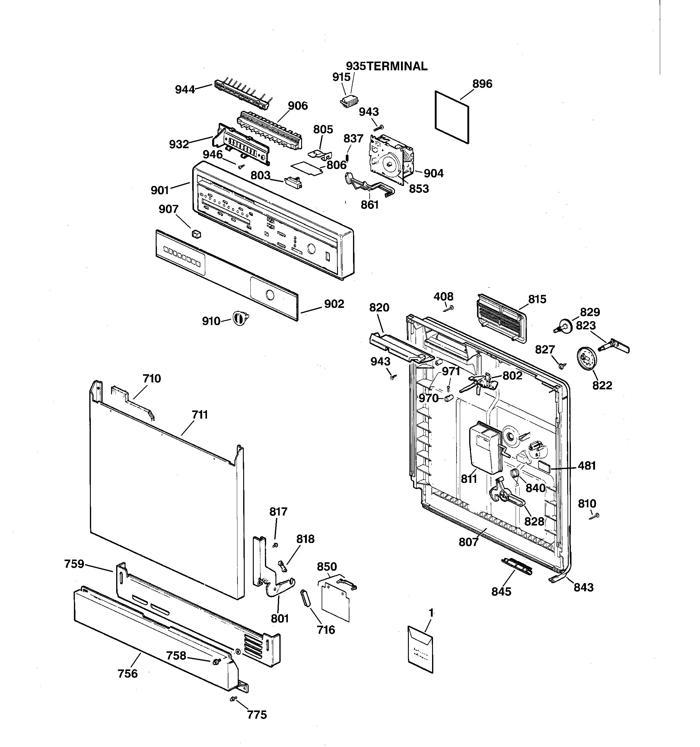 GE GSD3820Z04BB escutcheon & door assembly diagram