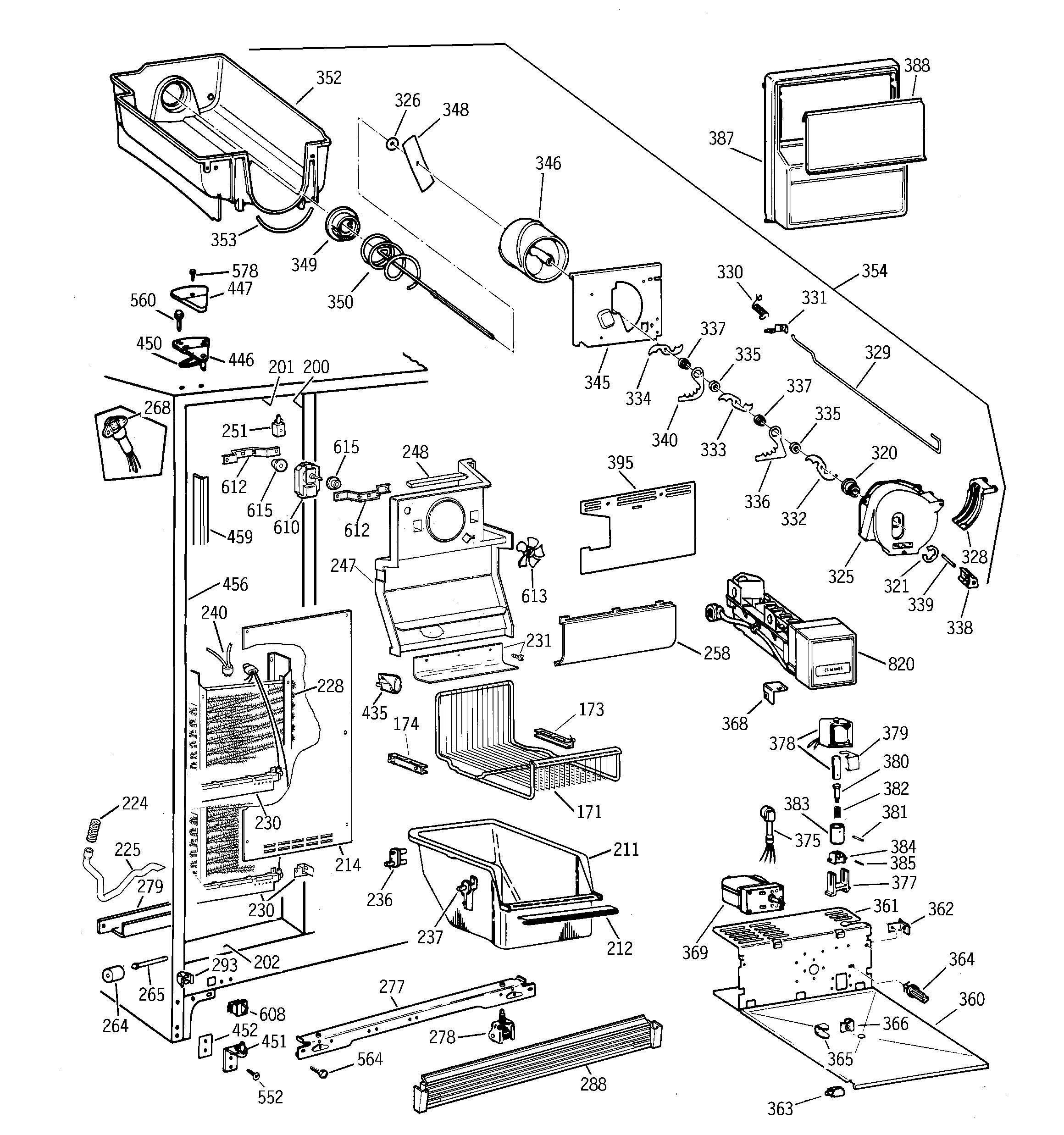 GE TFT25PRBBAA freezer section diagram