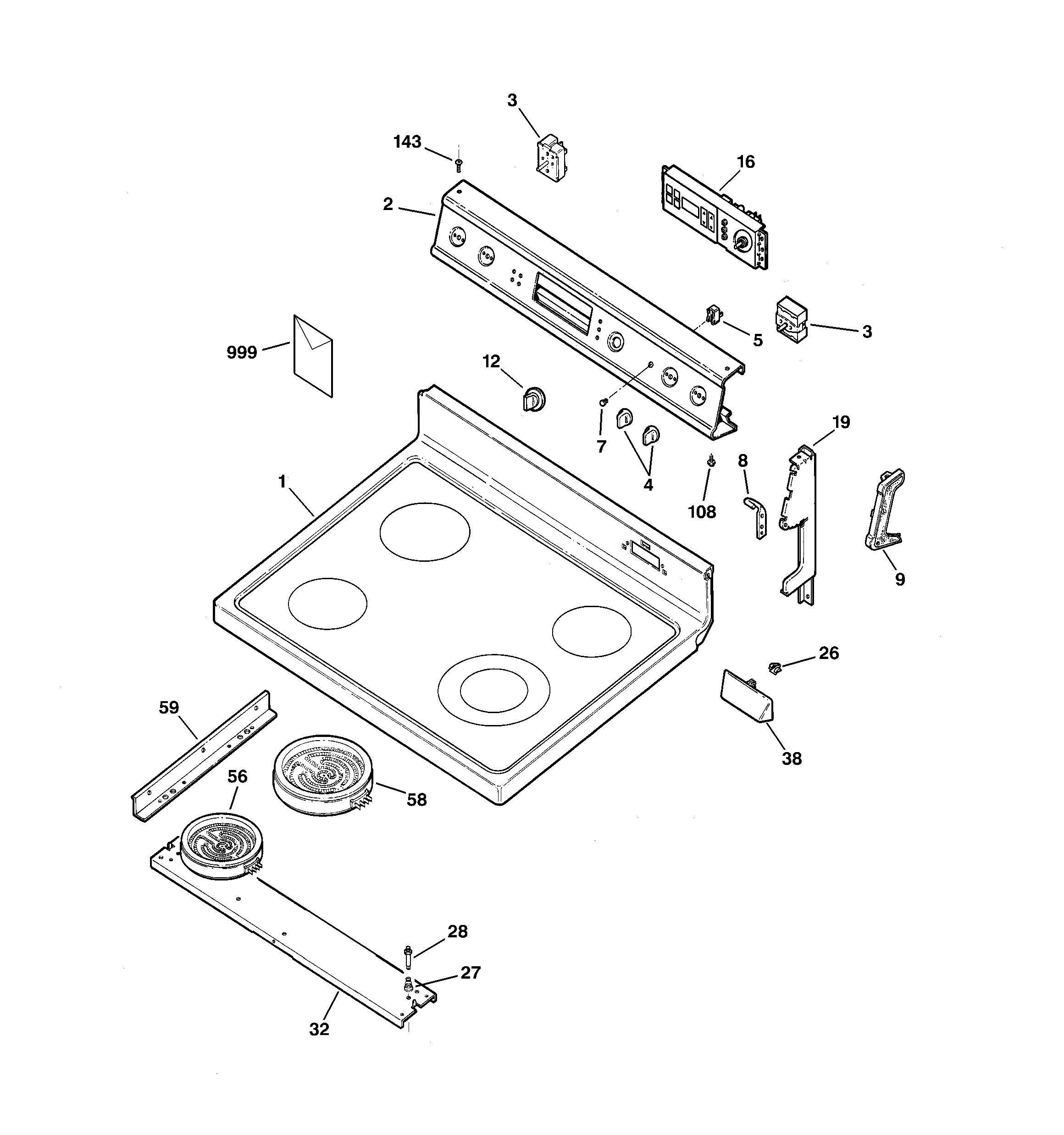 GE JBP60BB1WH control panel & cooktop diagram