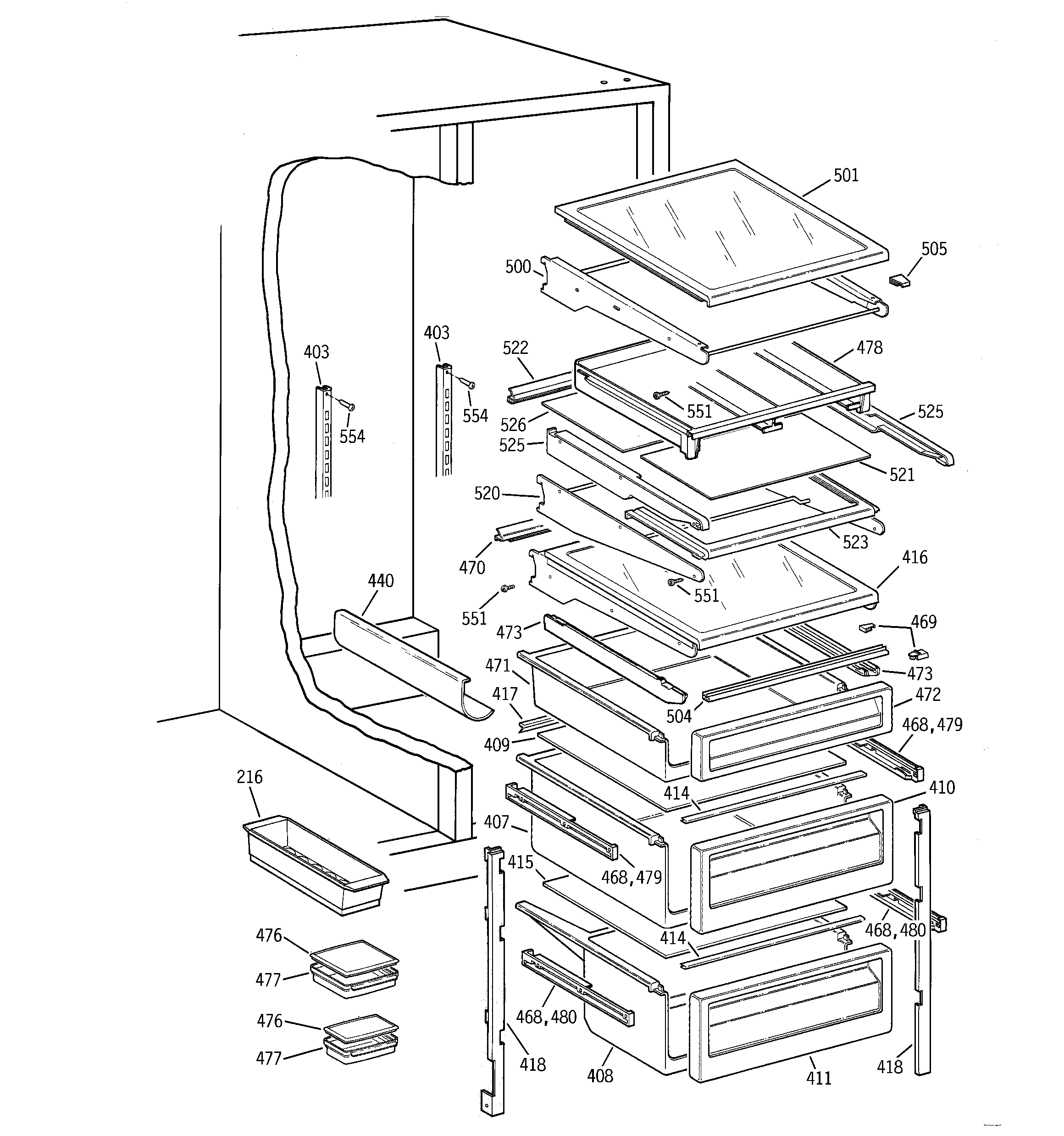 GE TFK28PFBBWW fresh food shelves diagram