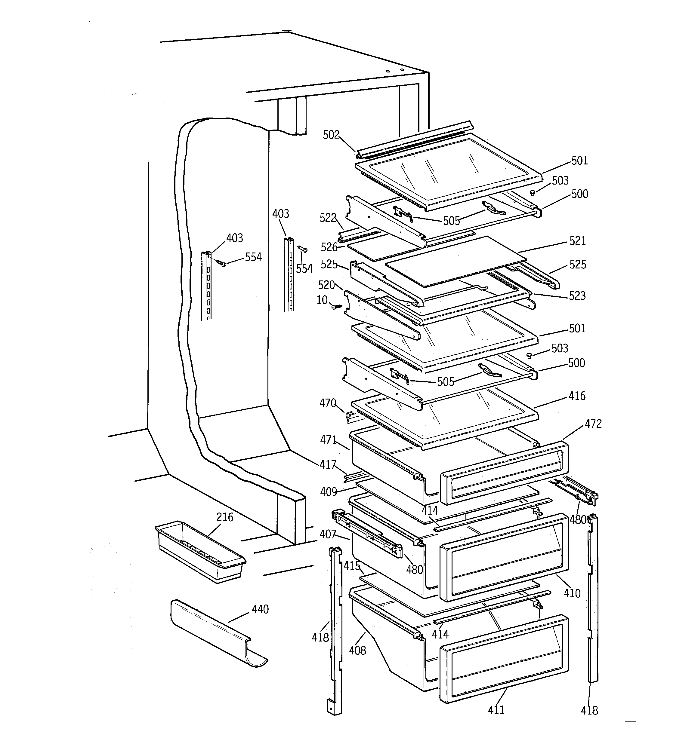 GE TPG21PRBCBB fresh food shelves diagram