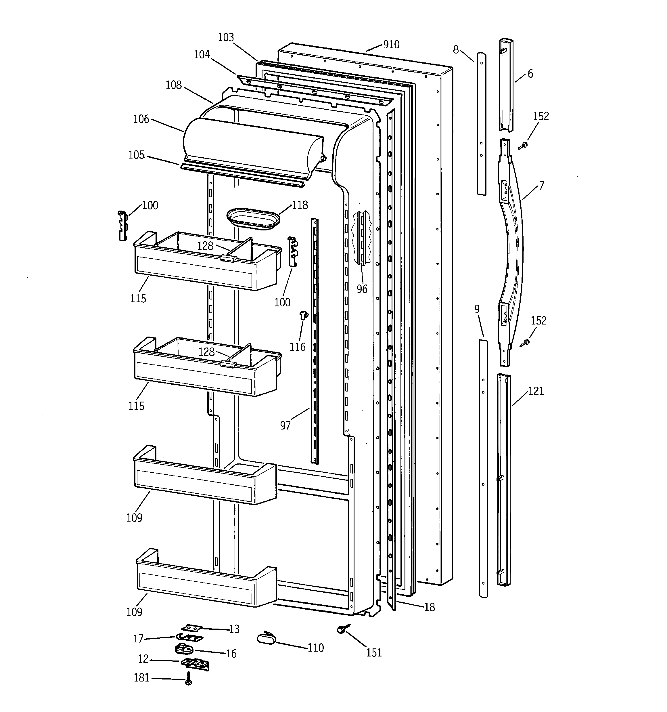 GE TPX21PRBCWW fresh food door diagram