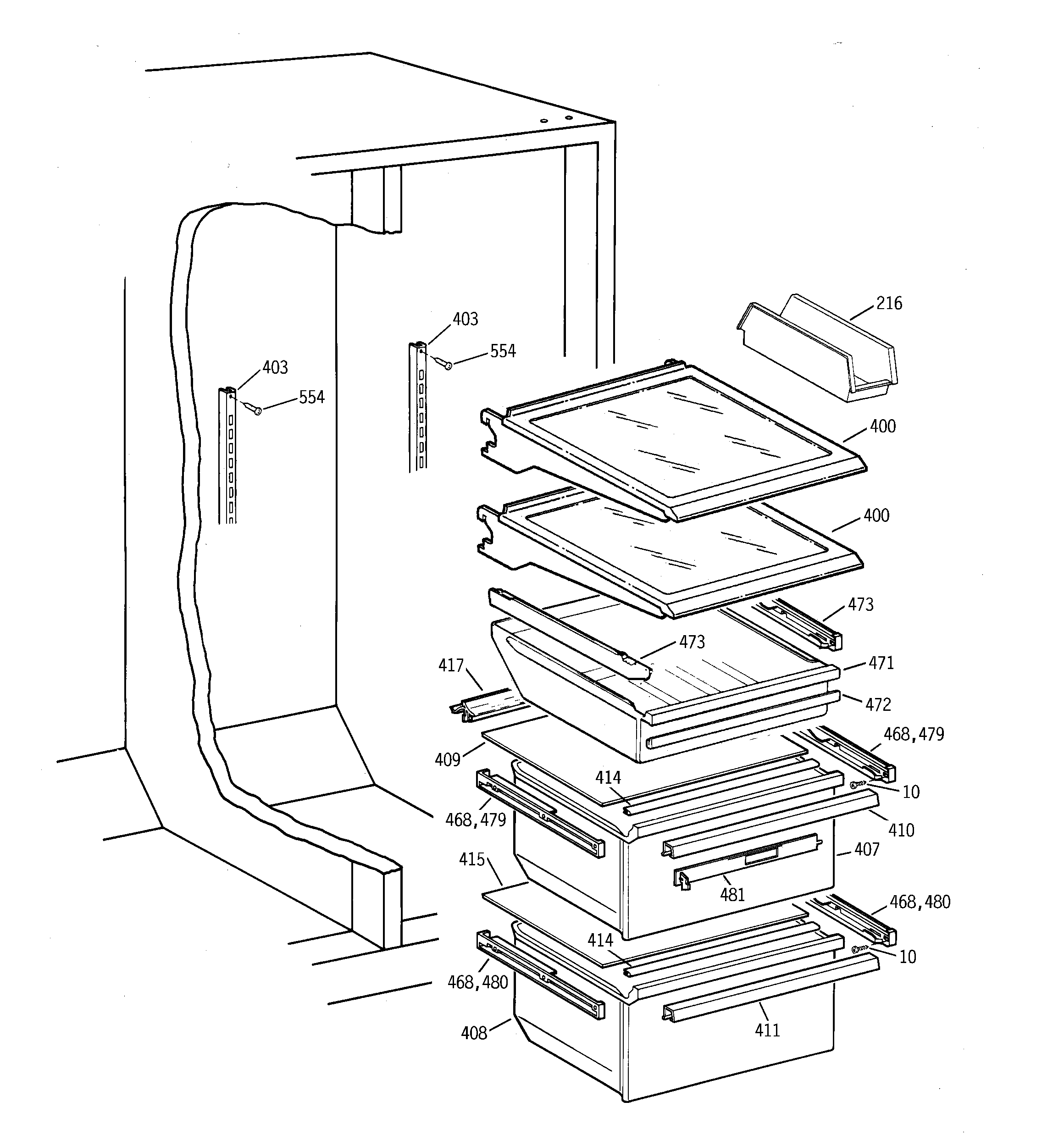 GE TFX22ZPBCBB fresh food shelves diagram