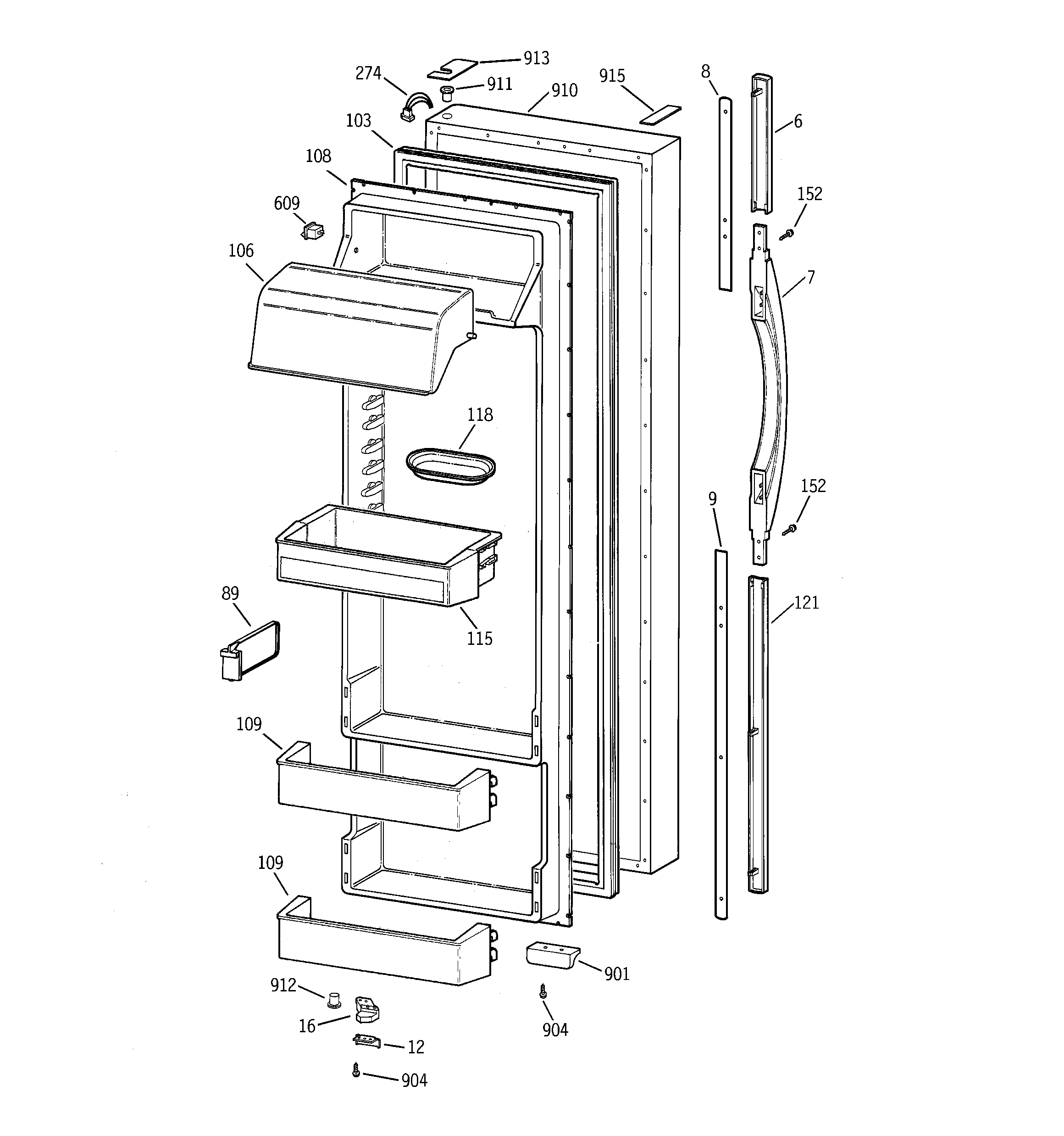 GE TPX24PPBBAA fresh food door diagram