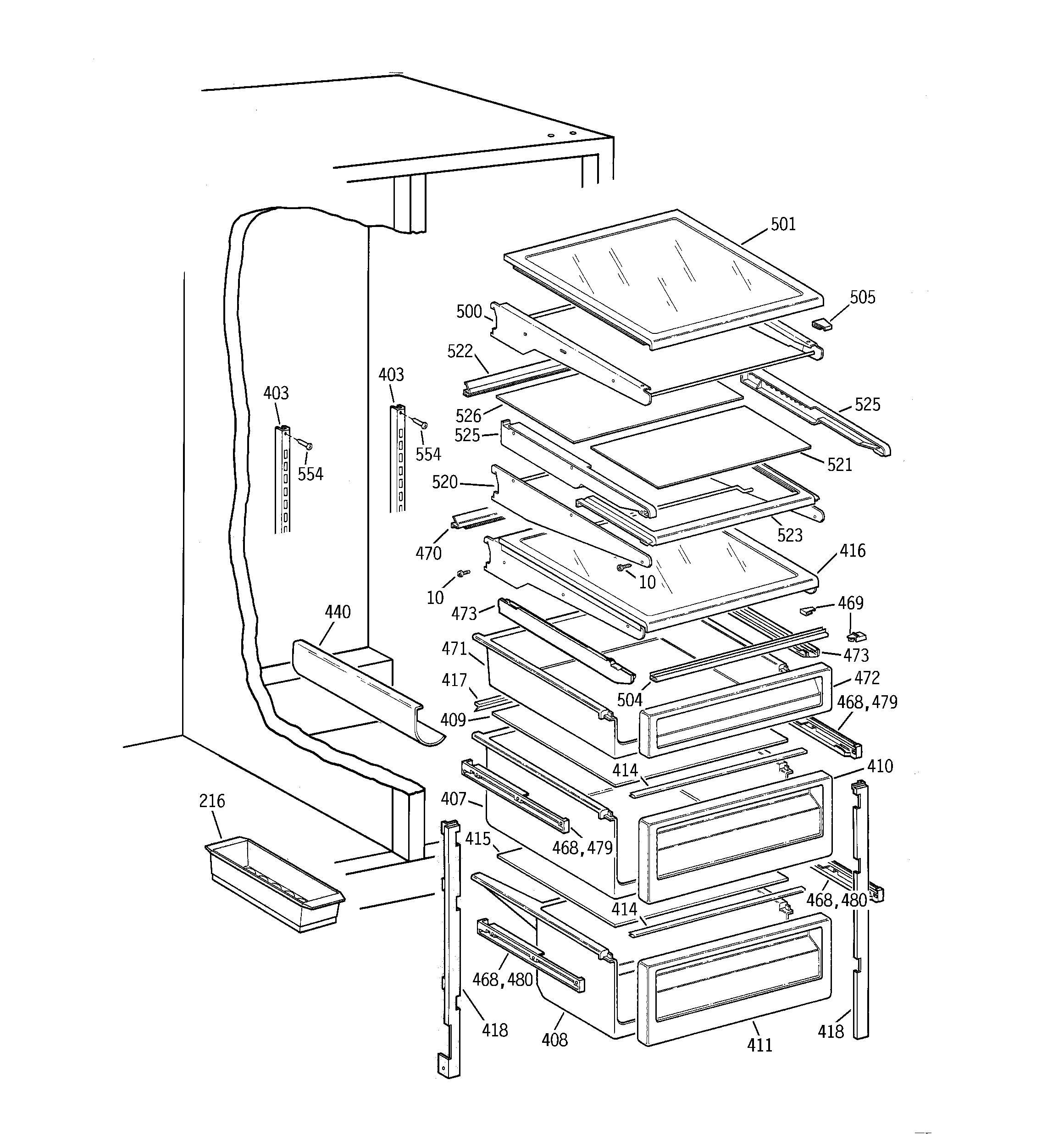 GE TFT22PRBCAA fresh food shelves diagram