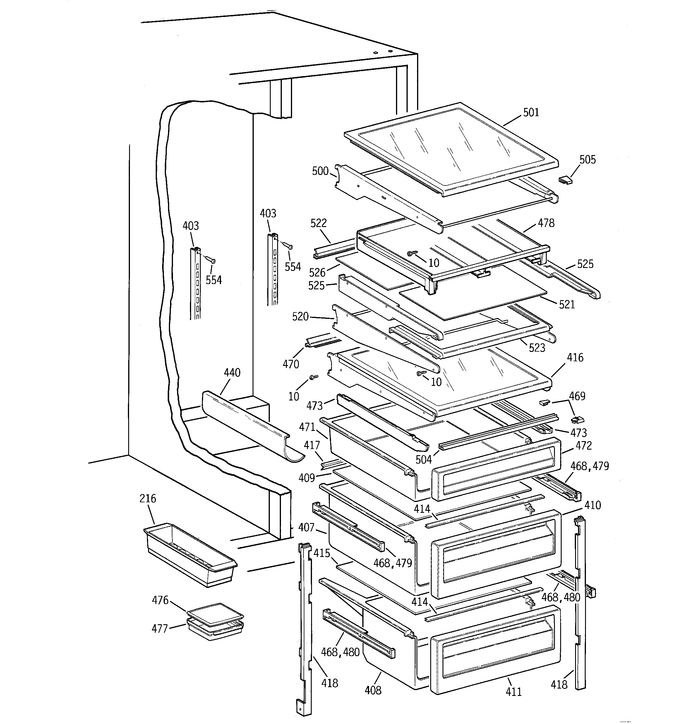 GE TPK24PFBCAA fresh food shelves diagram