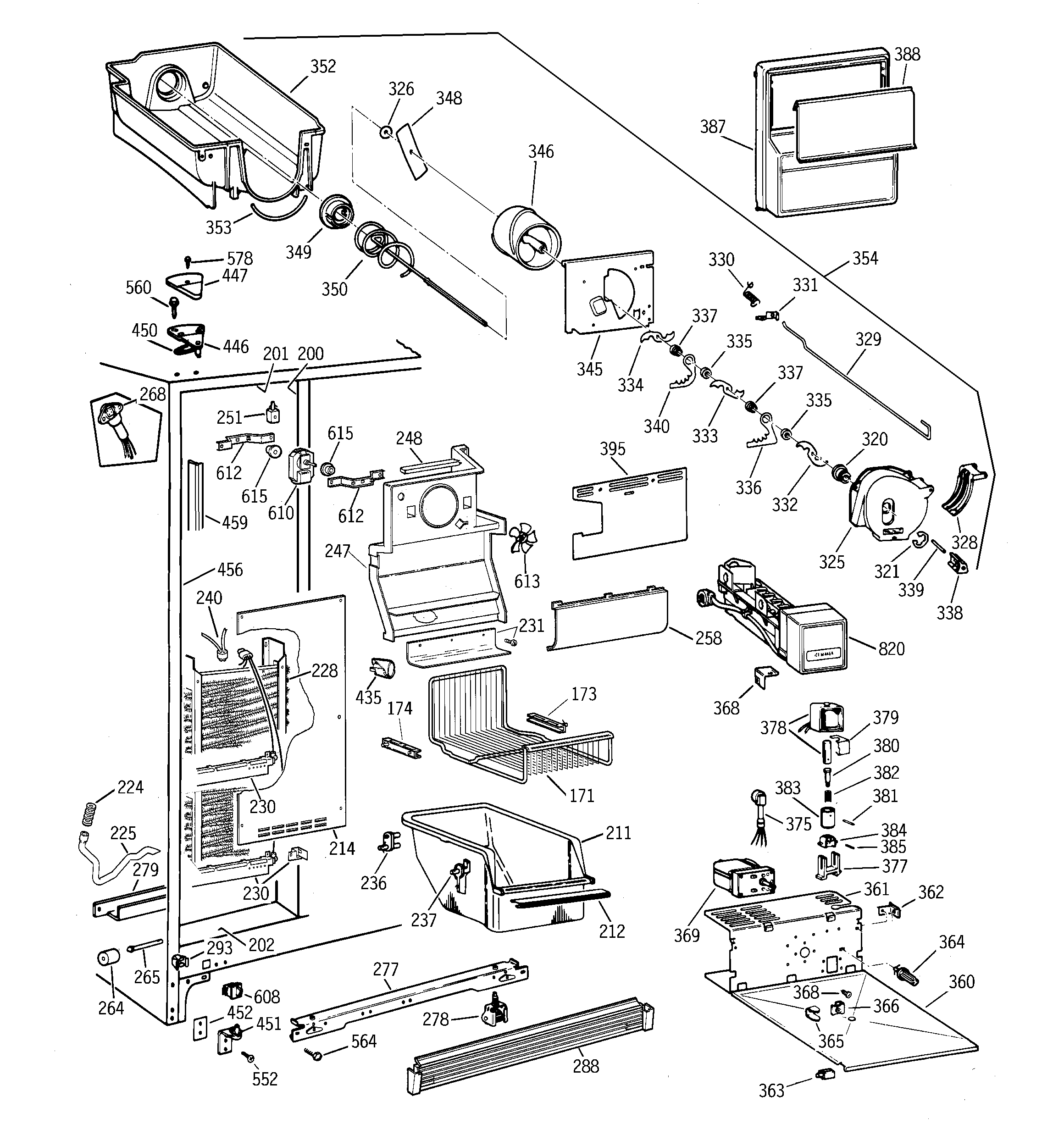 GE TFT25PRBCAA freezer section diagram