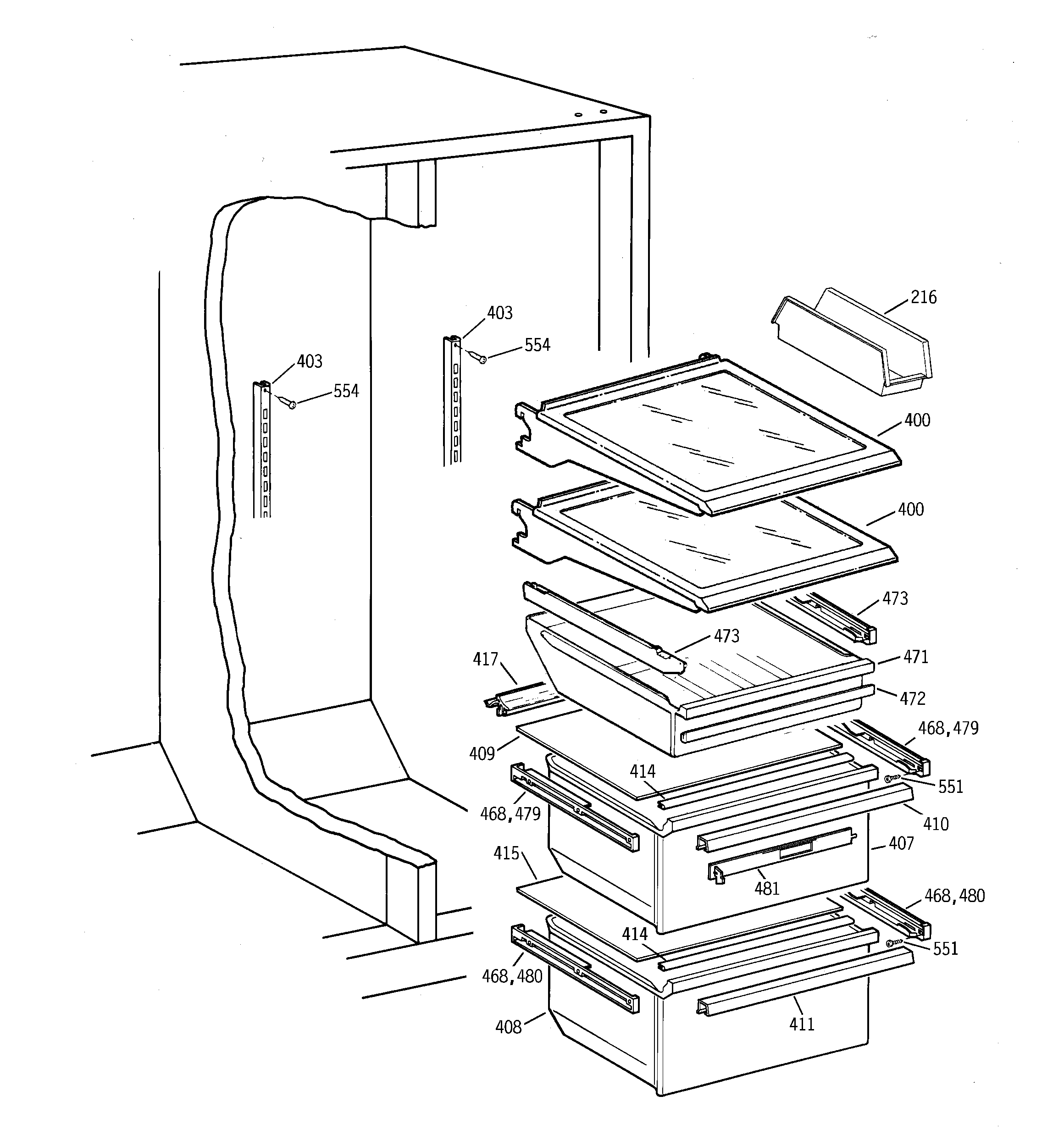 GE TFX25ARBCWW fresh food shelves diagram