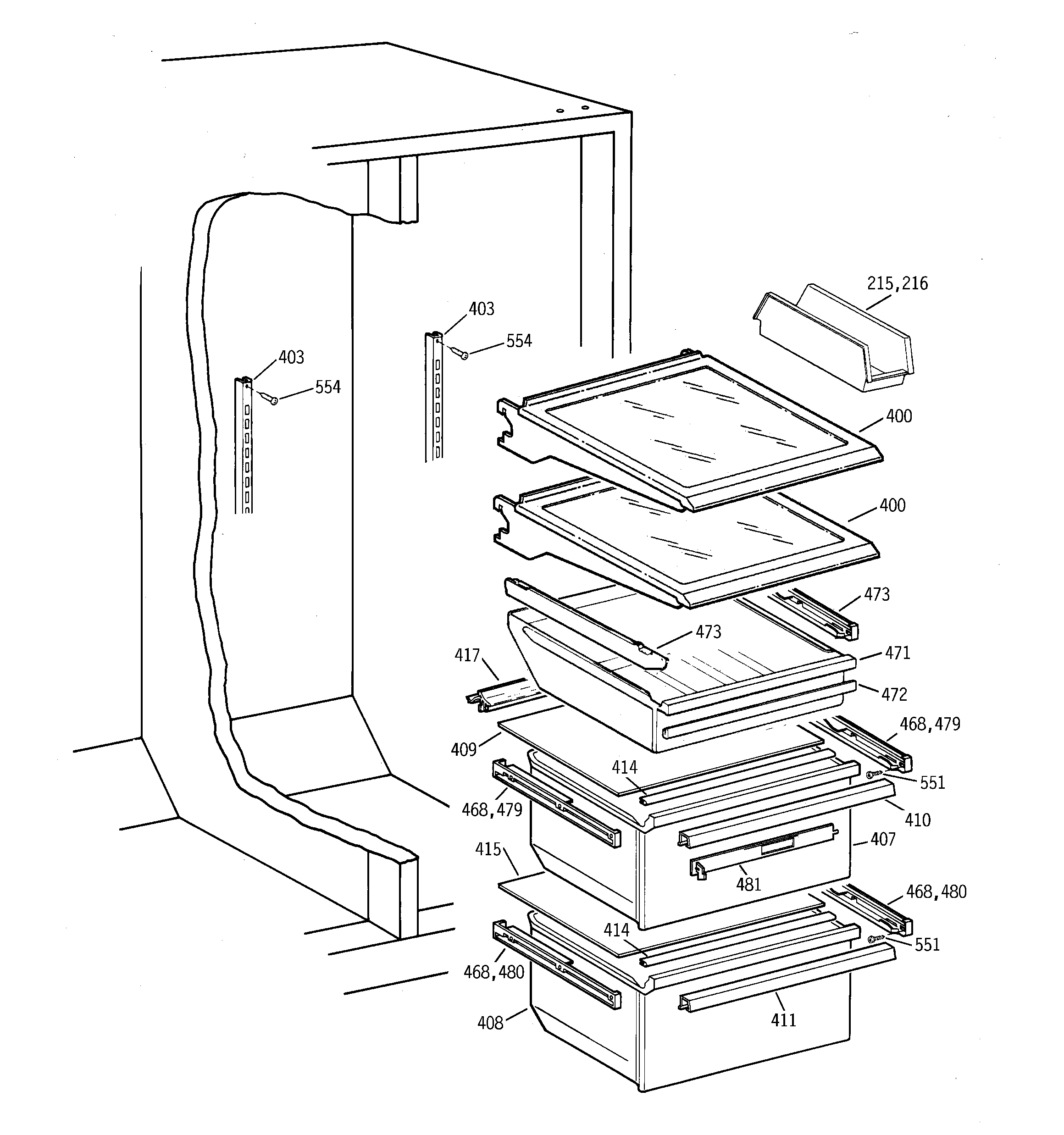 GE TFX25ZABCWW fresh food shelves diagram