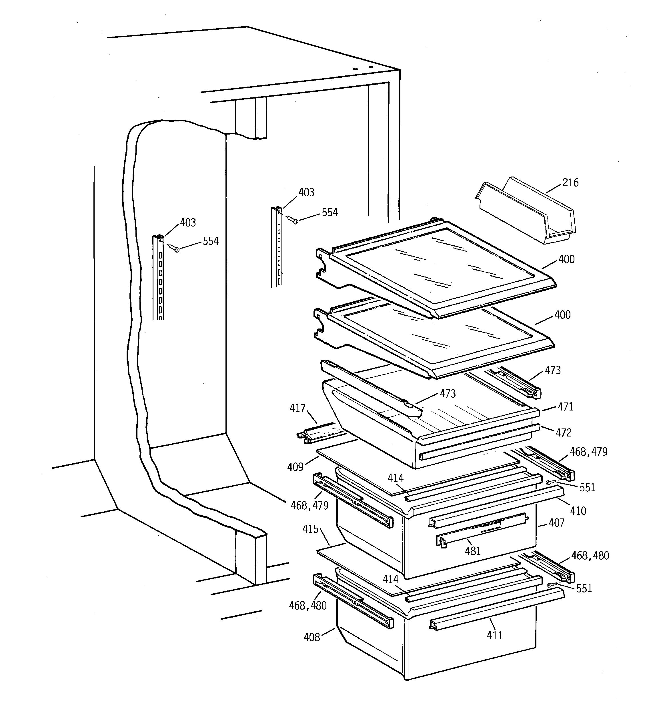 GE TFX25QRCBWW fresh food shelves diagram