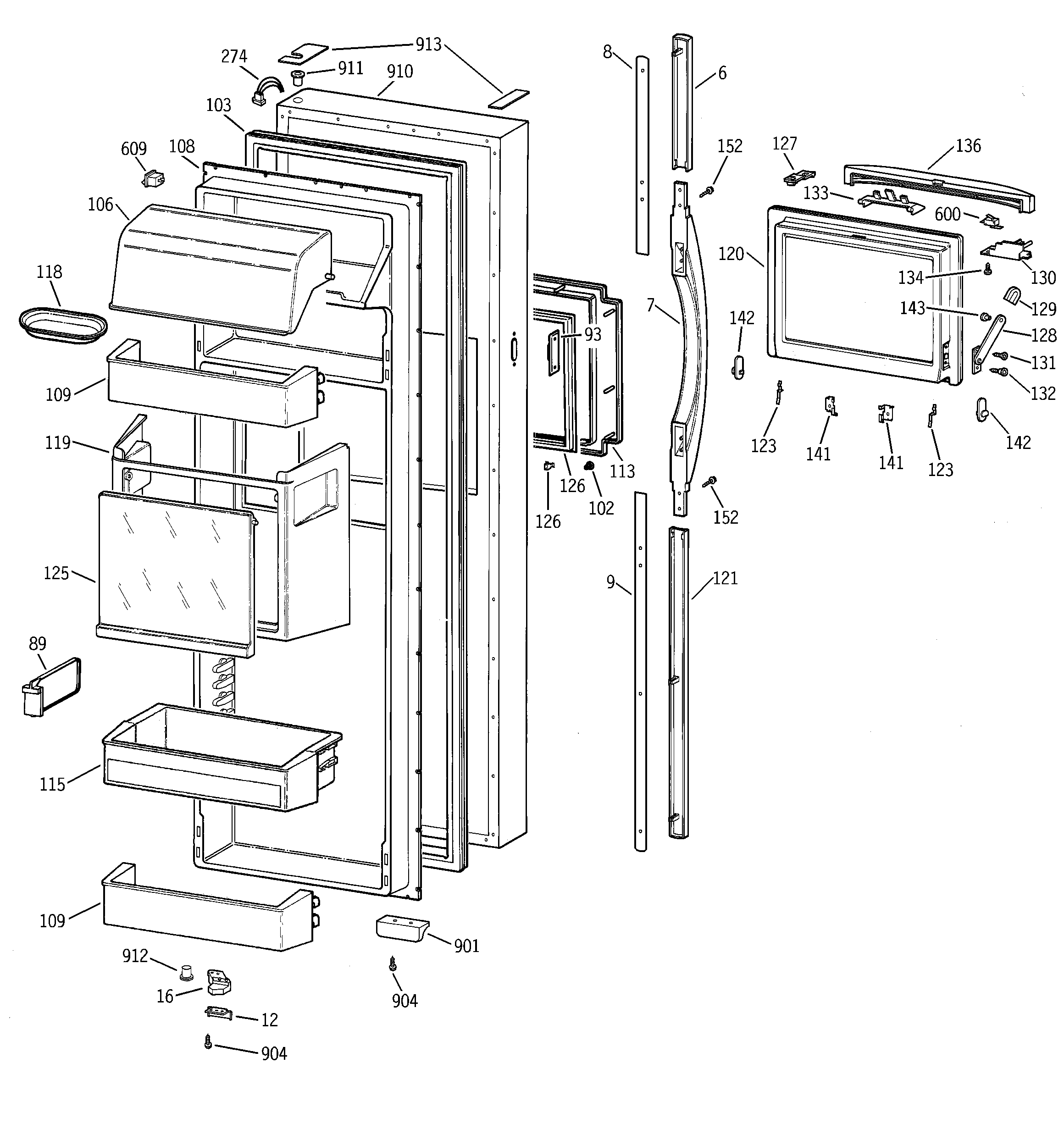 GE TFX28PBBBWW fresh food door diagram