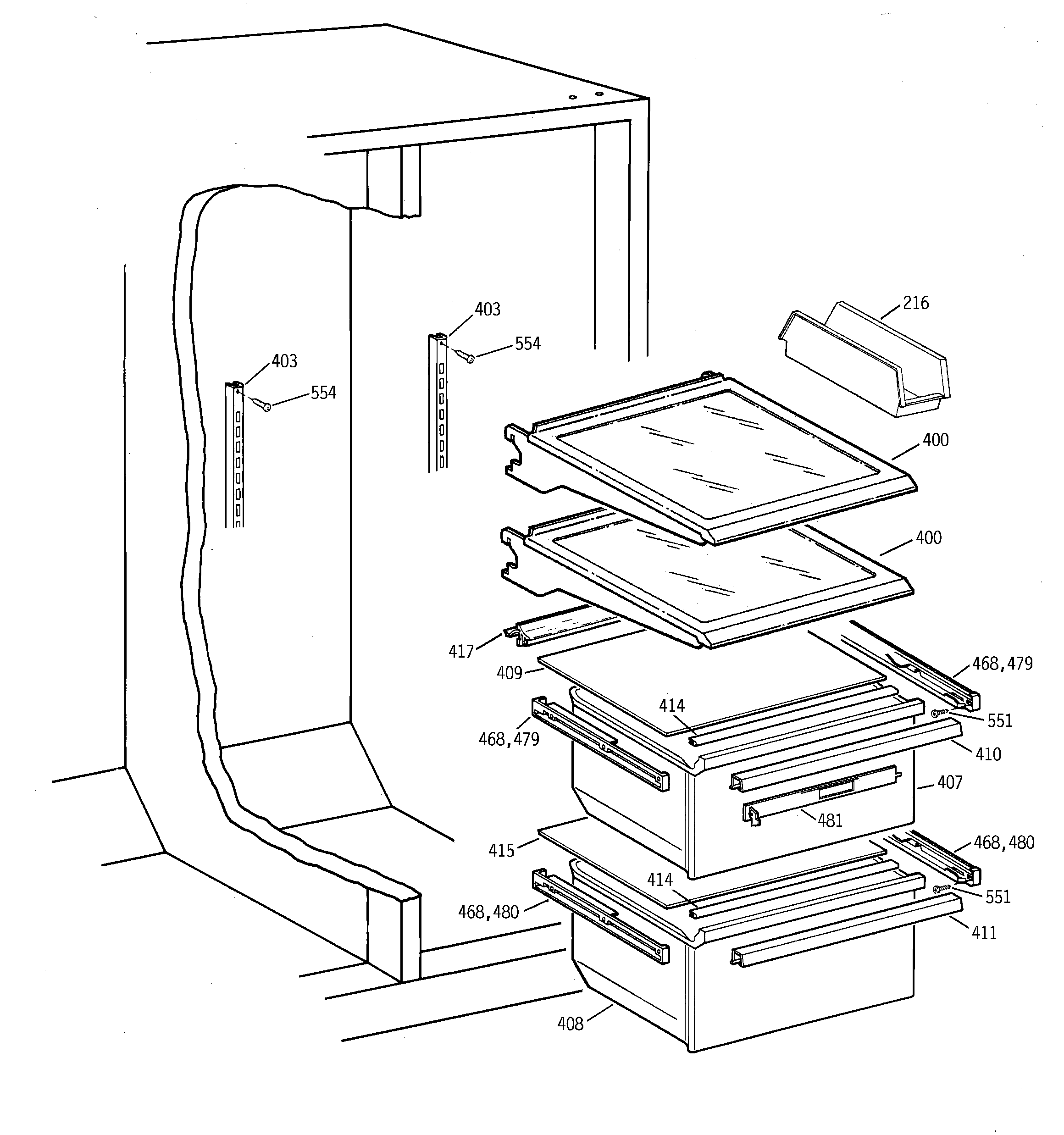 GE TFX25KRCCWW fresh food shelves diagram