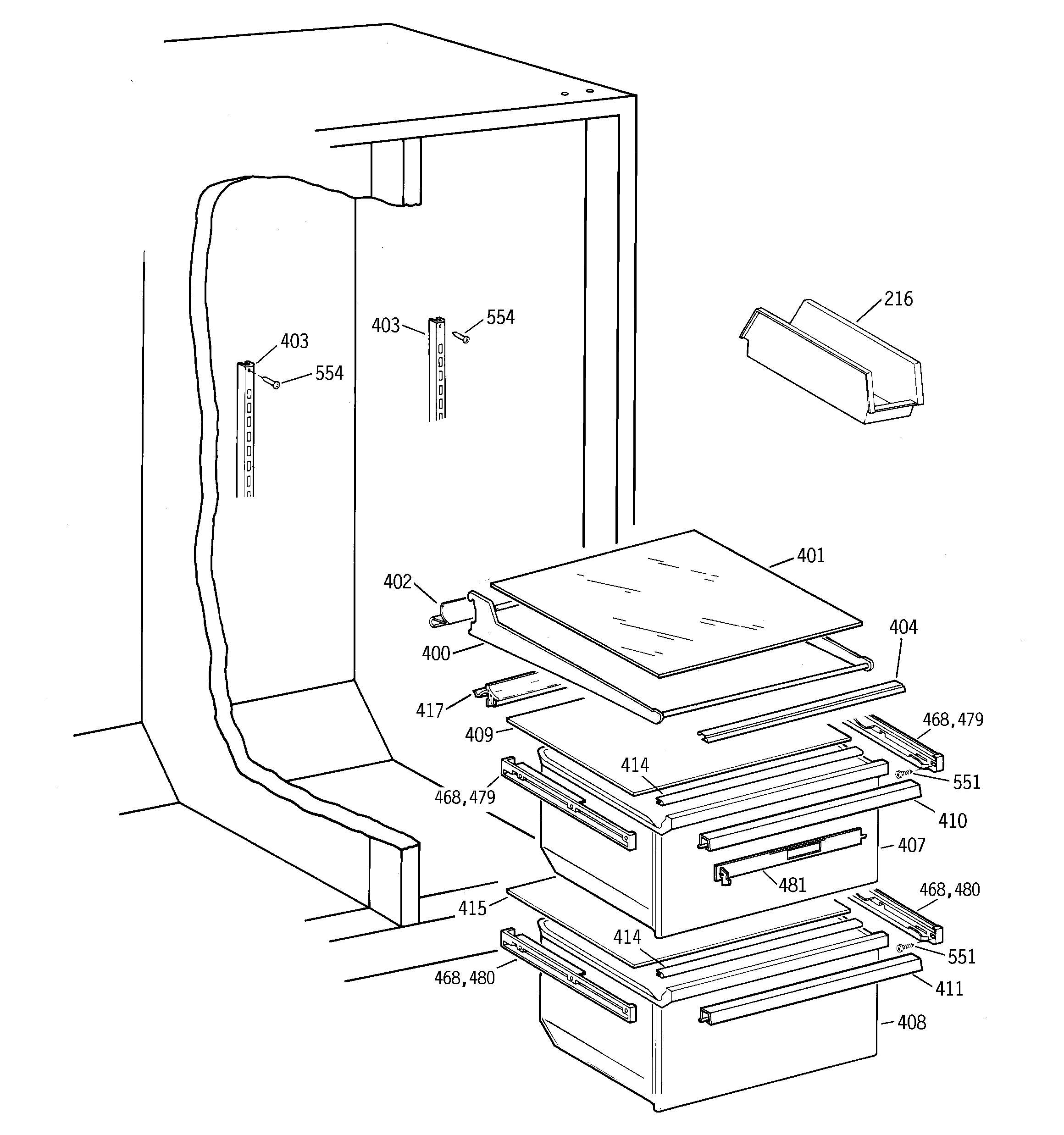 GE TFX25JPCCWW fresh food shelves diagram