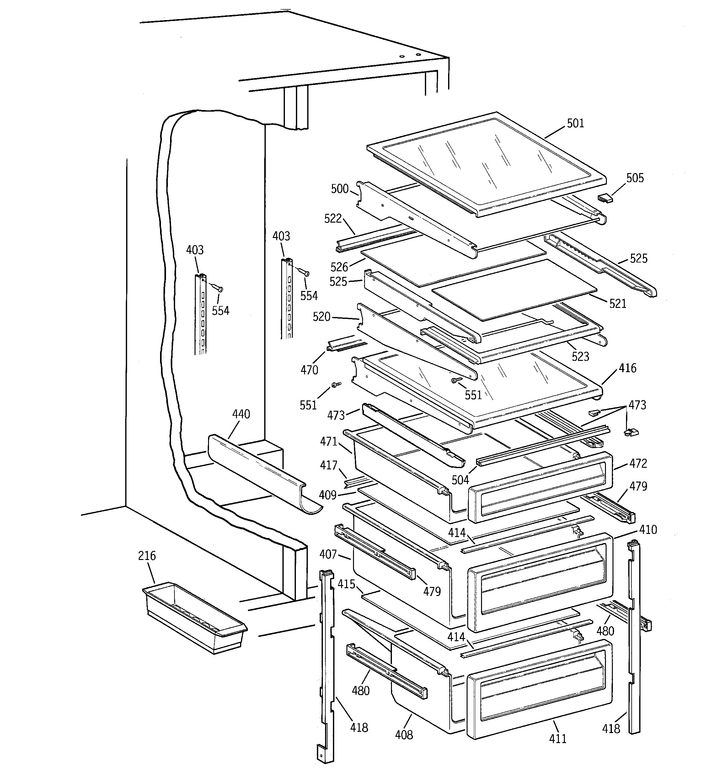 GE TPX24BRBABB fresh food shelves diagram