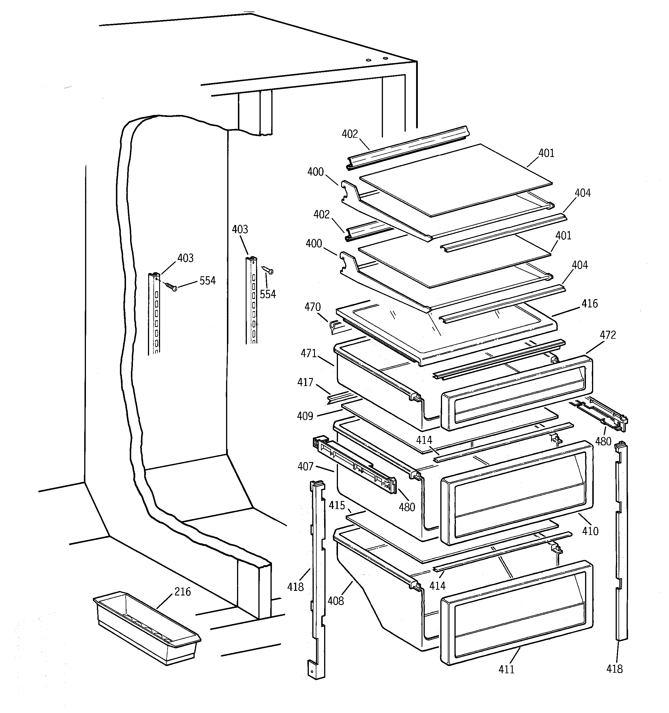 GE TPG21JRCCBB fresh food shelves diagram