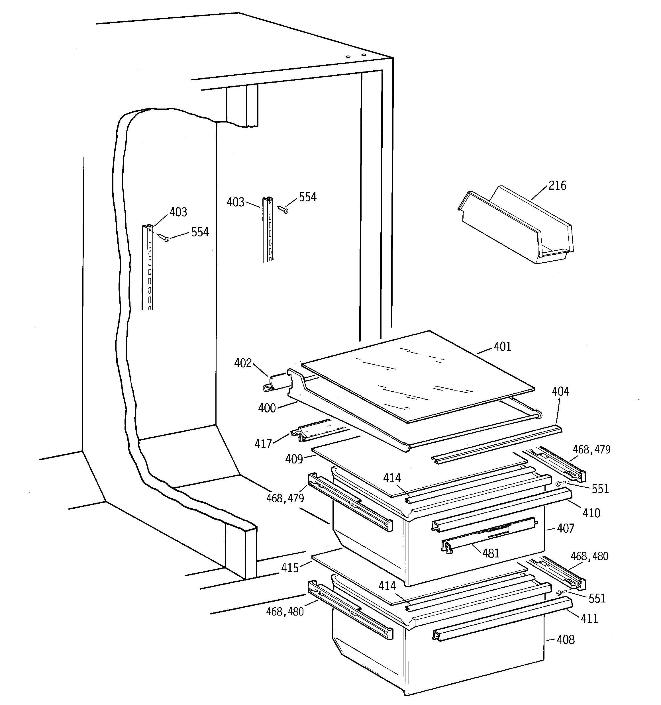 GE TFX25JPCEAA fresh food shelves diagram