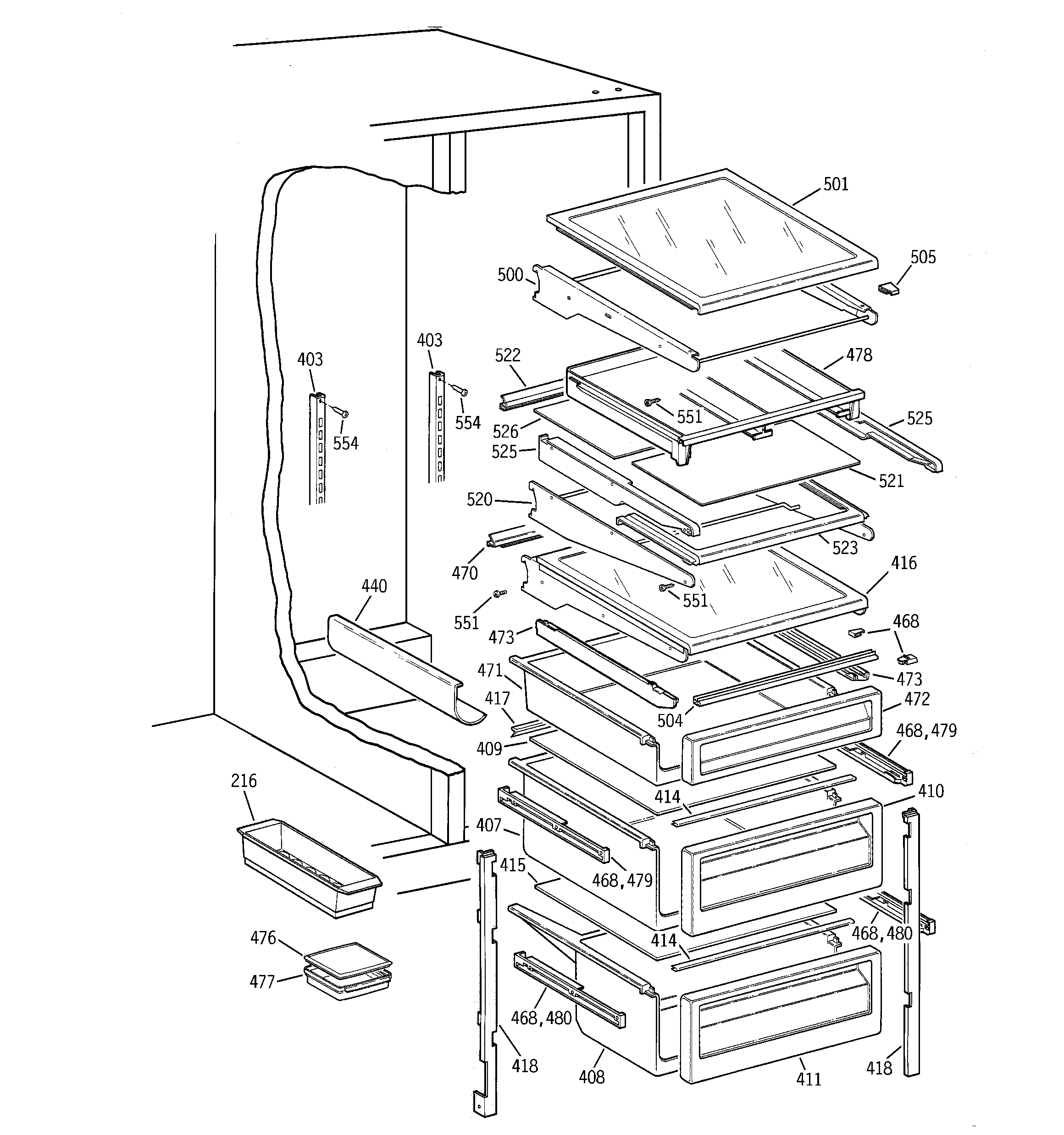 GE TPG24PFCCWW fresh food shelves diagram