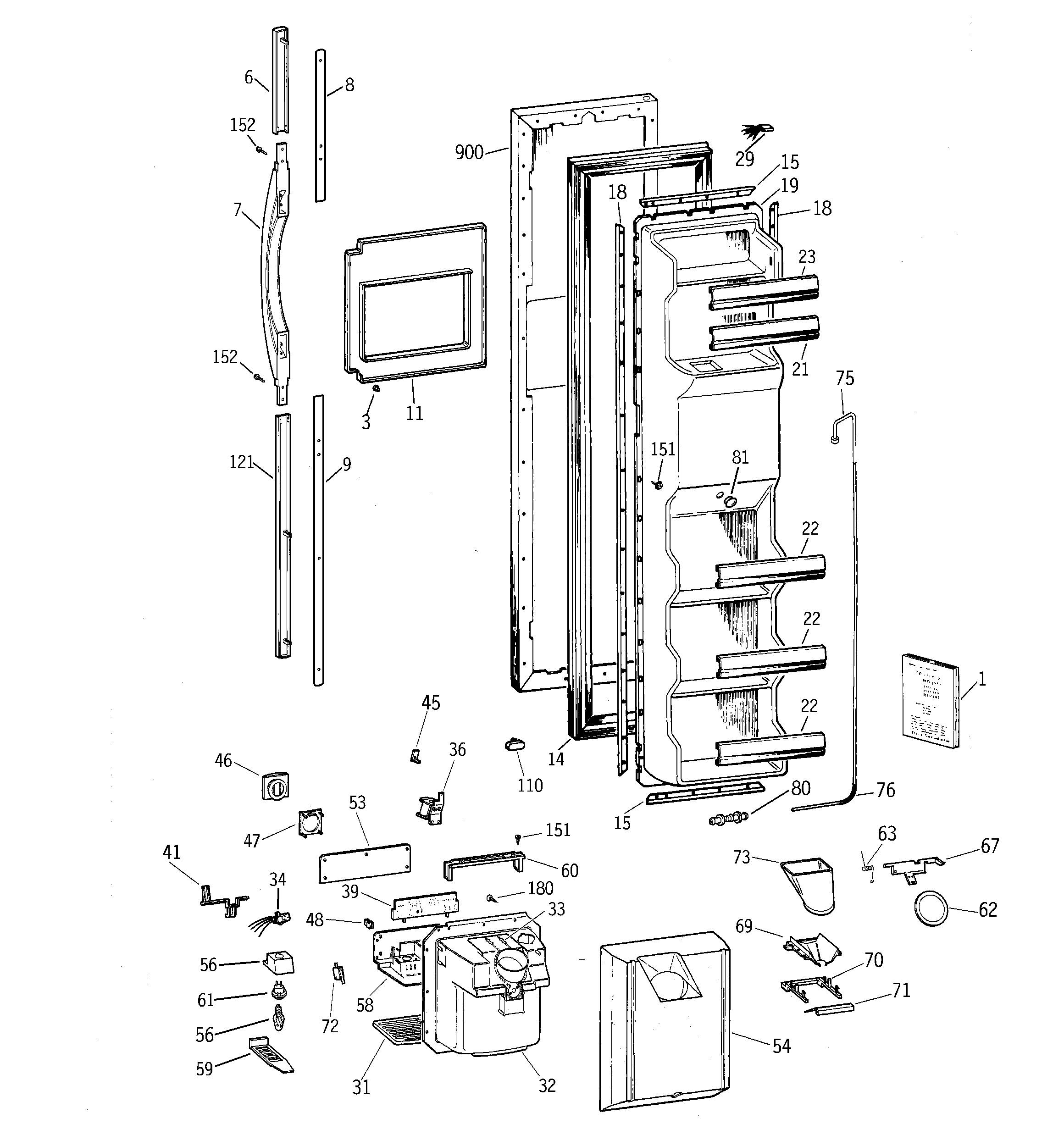 GE TFG25PRBCBB freezer door diagram
