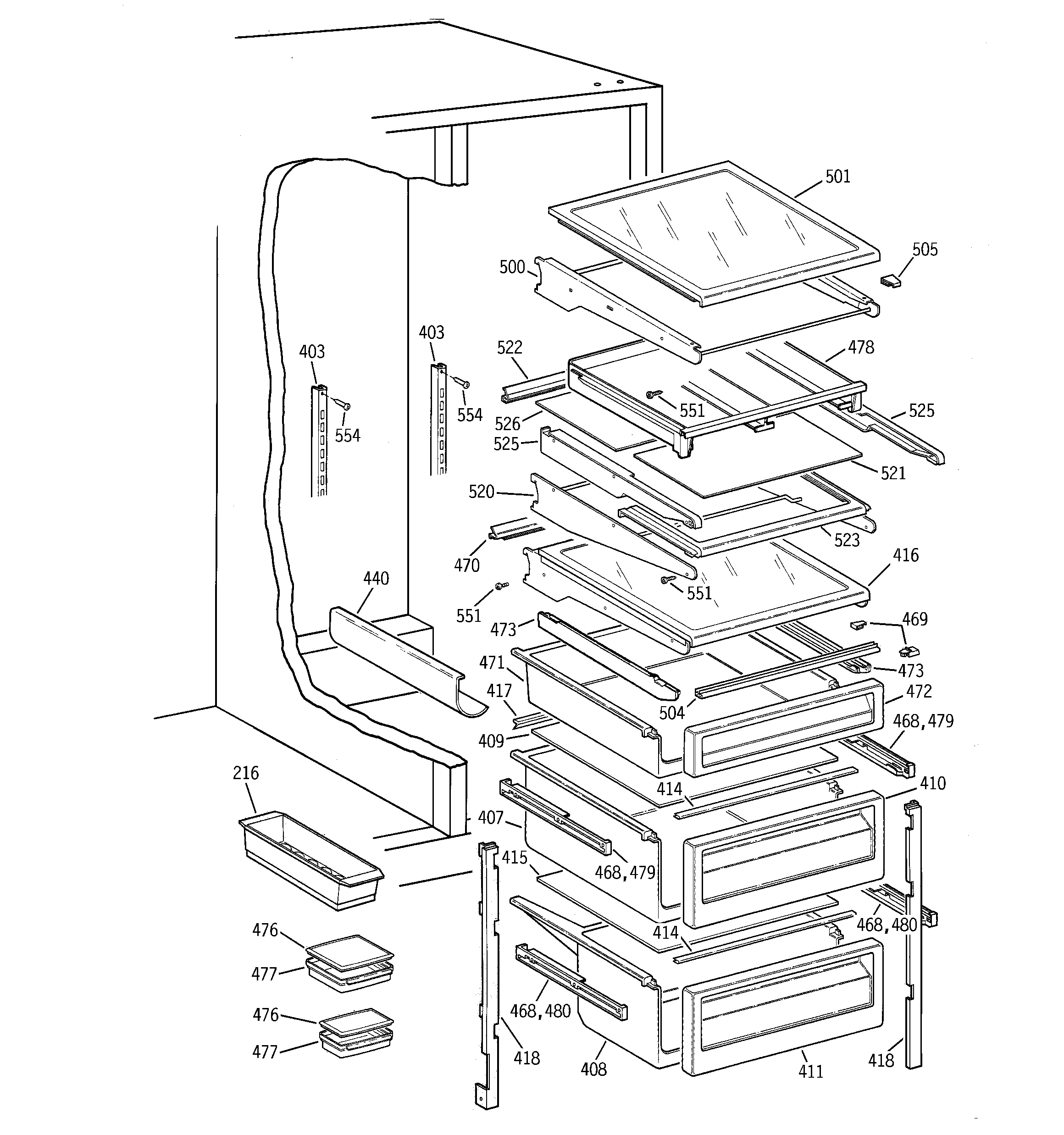 GE TFJ28PFBCWW fresh food shelves diagram