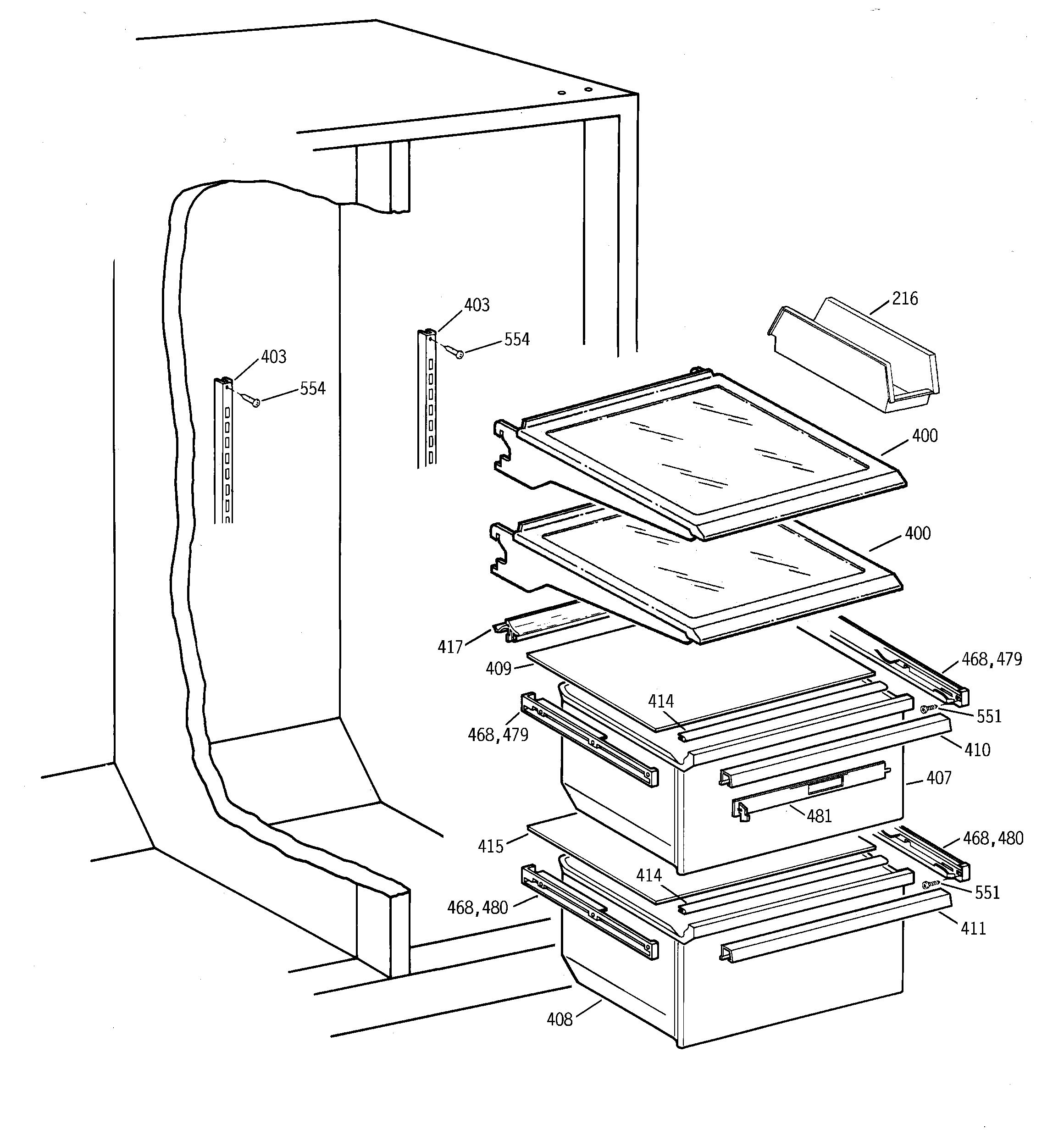 GE TFM25KRCCAA fresh food shelves diagram