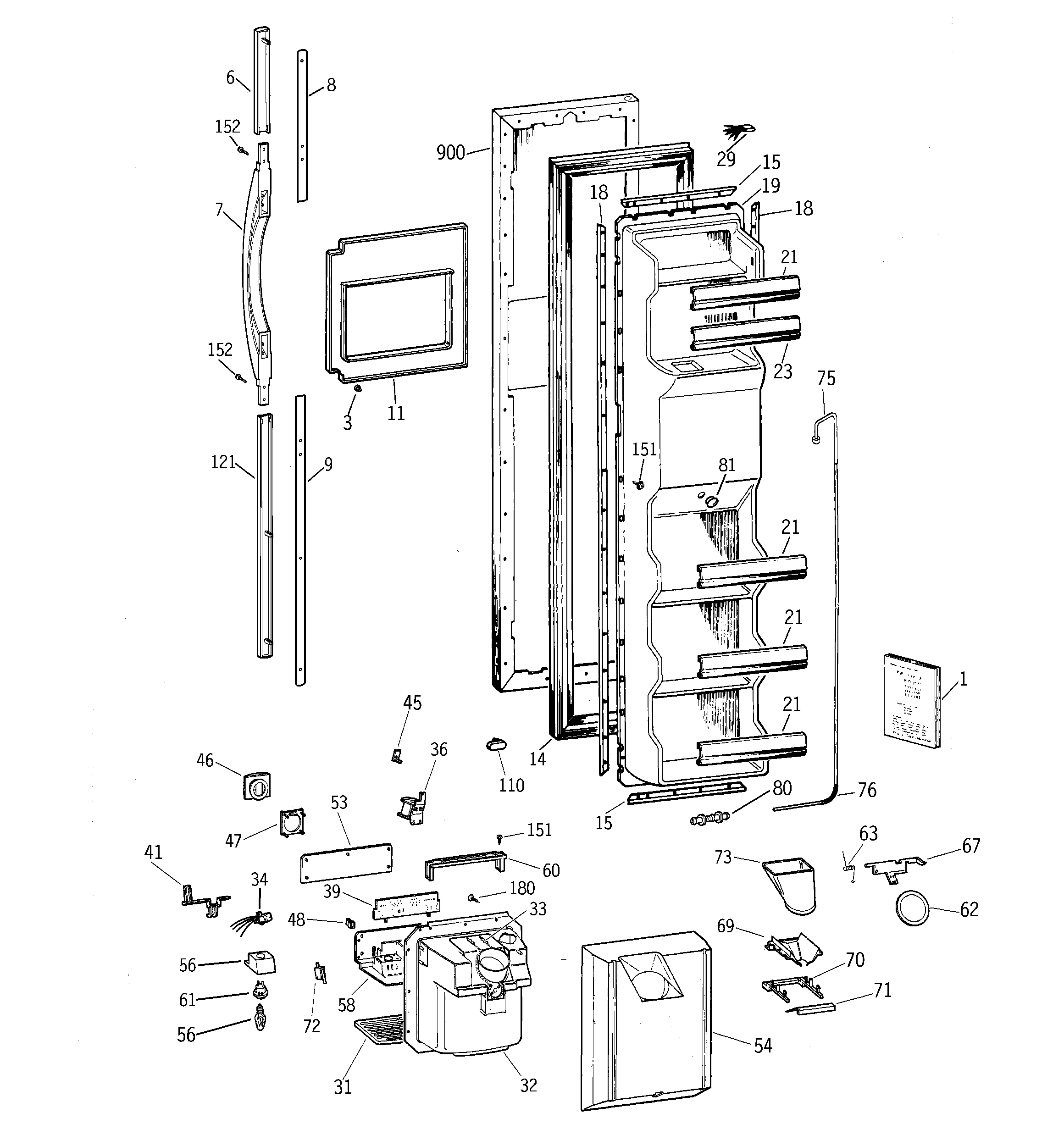 GE TFM25PRBCAA freezer door diagram