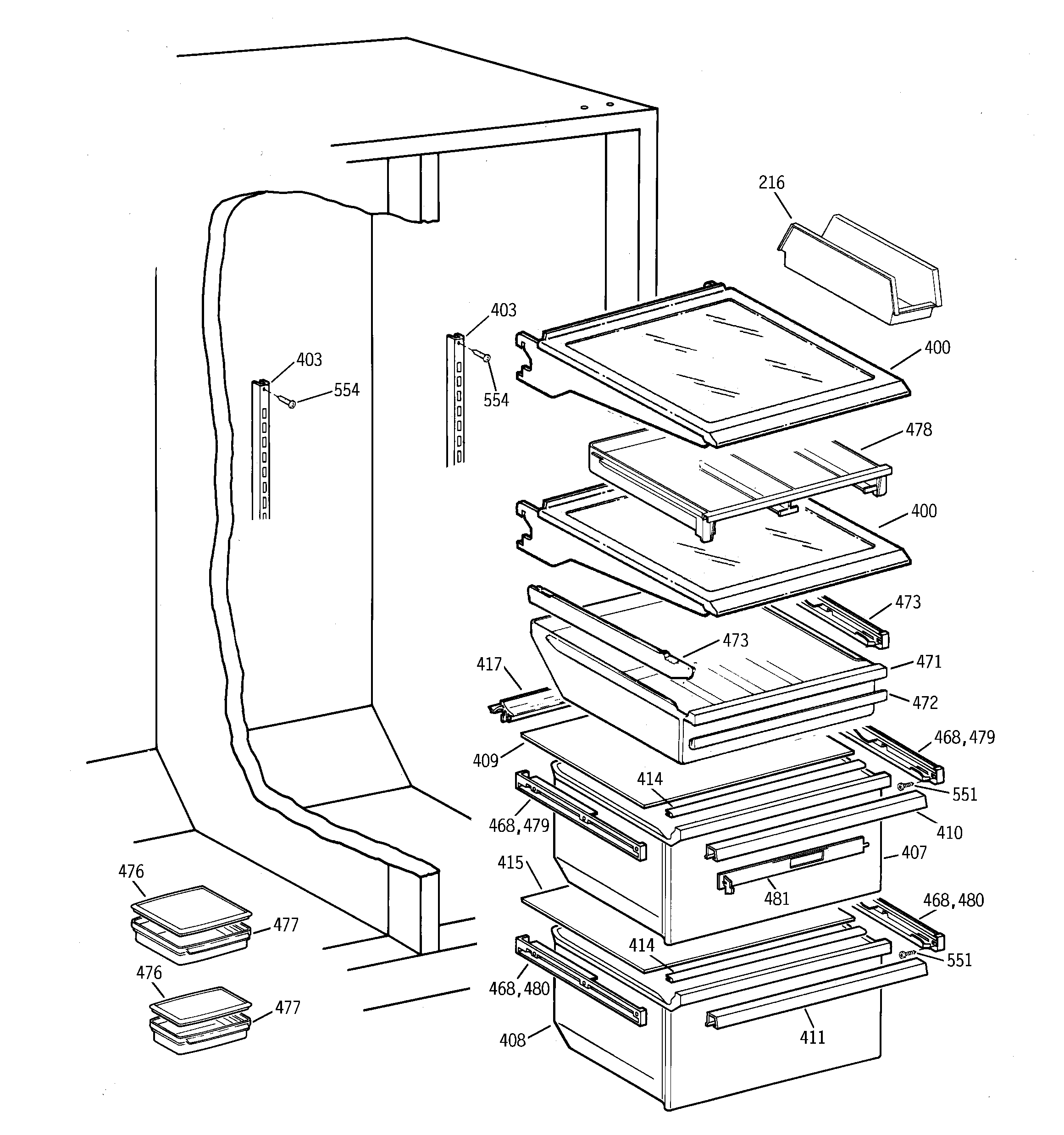 GE TFK28ZFBCAA fresh food shelves diagram