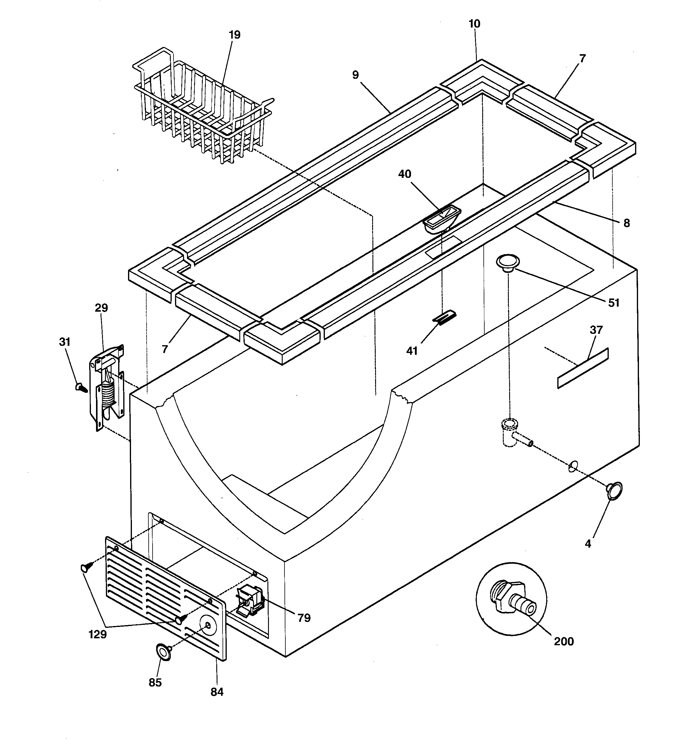 GE FCM20DABWH cabinet, controls & shelves diagram