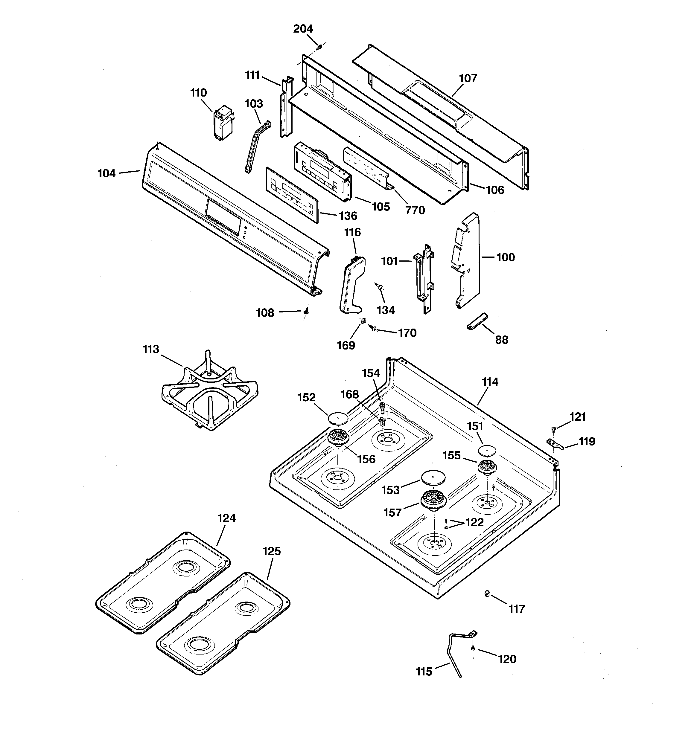 GE JGBP79WEA3WW control panel & cooktop diagram