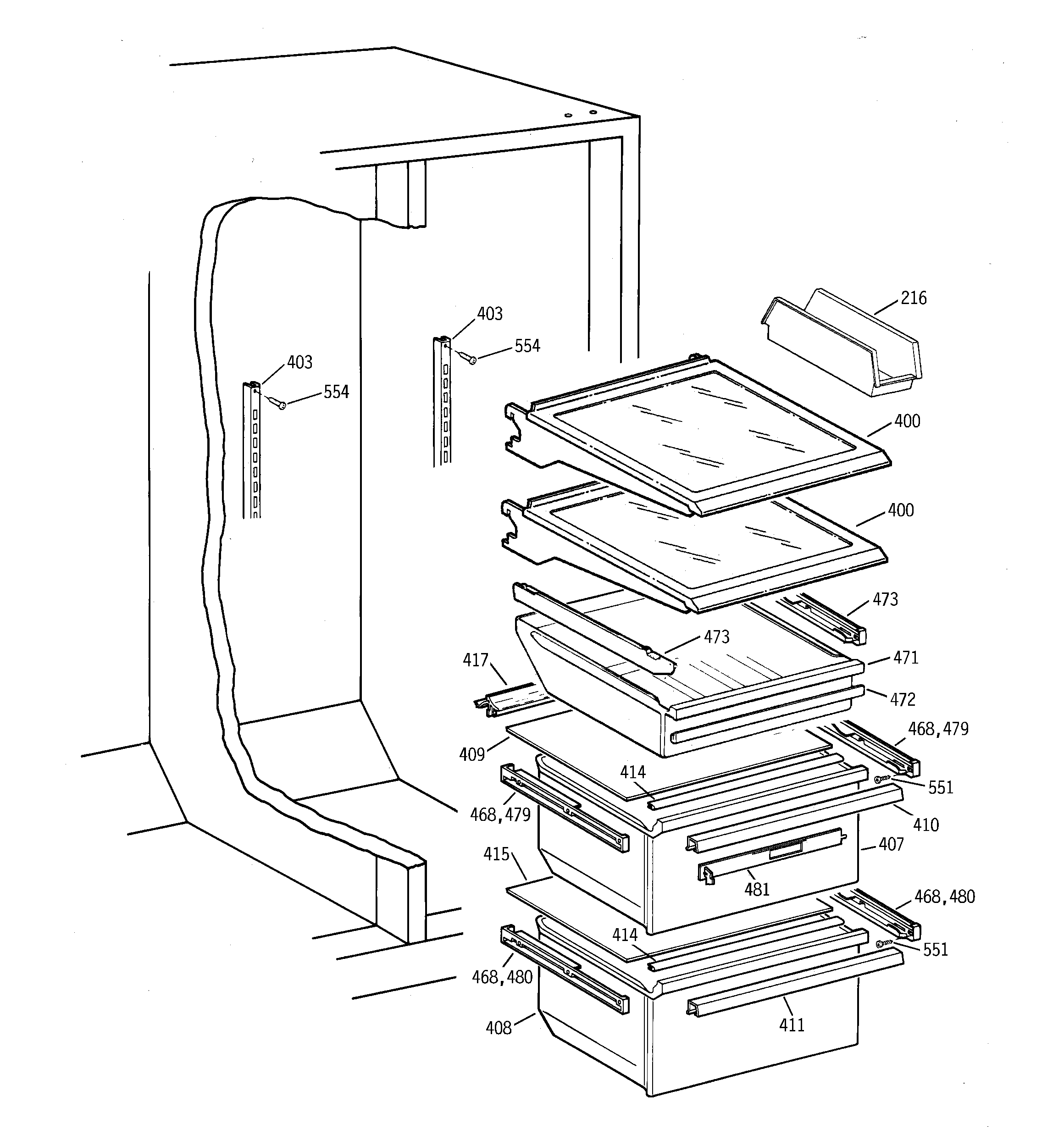 GE TFX25ZPBEWW fresh food shelves diagram