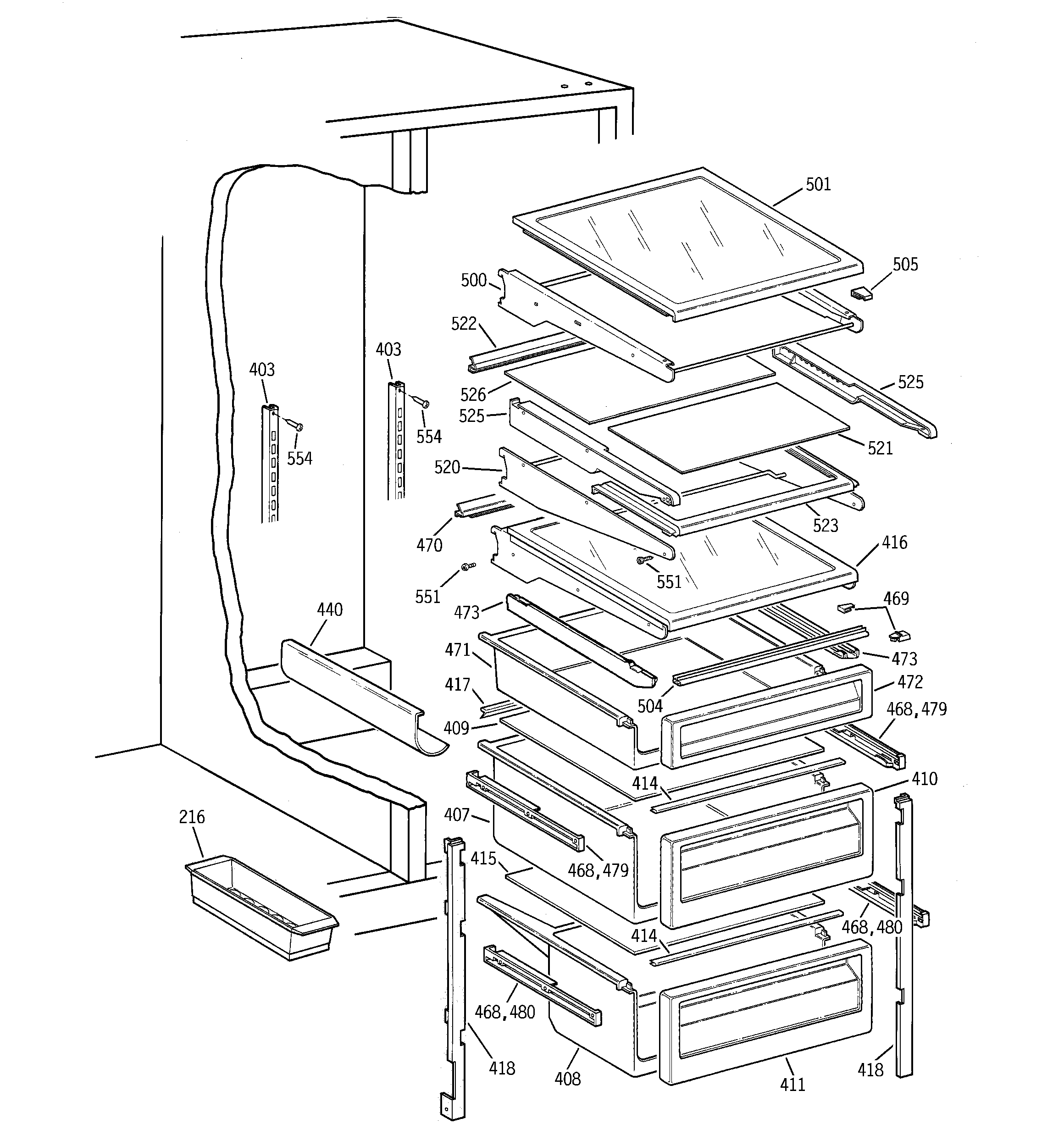 GE TPX24PPBEAA fresh food shelves diagram