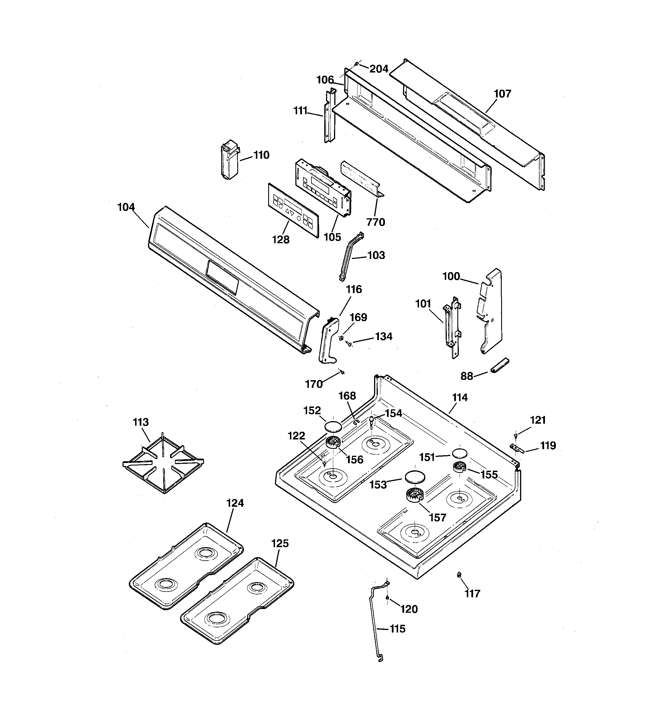 GE JGBP35GZA3WW control panel & cooktop diagram