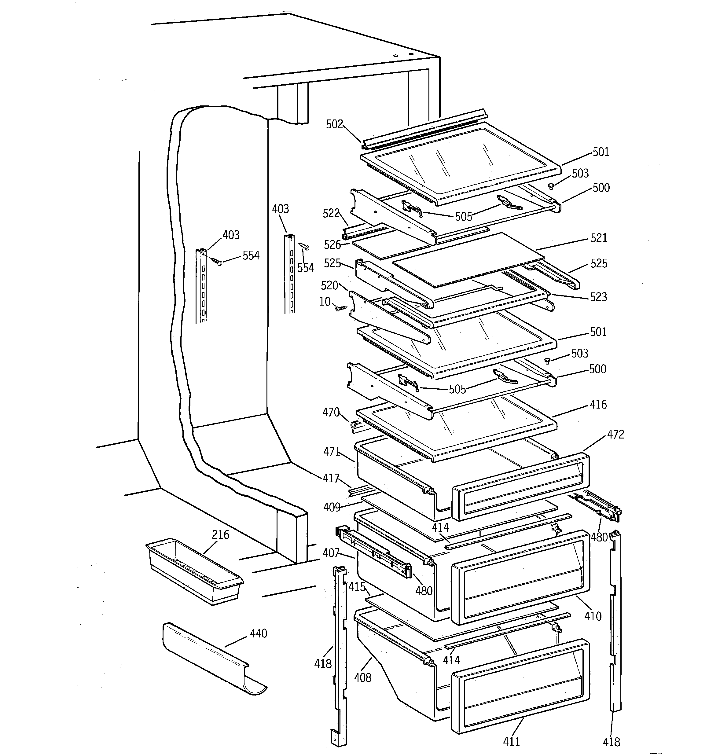 GE TPX21BRBEBB fresh food shelves diagram