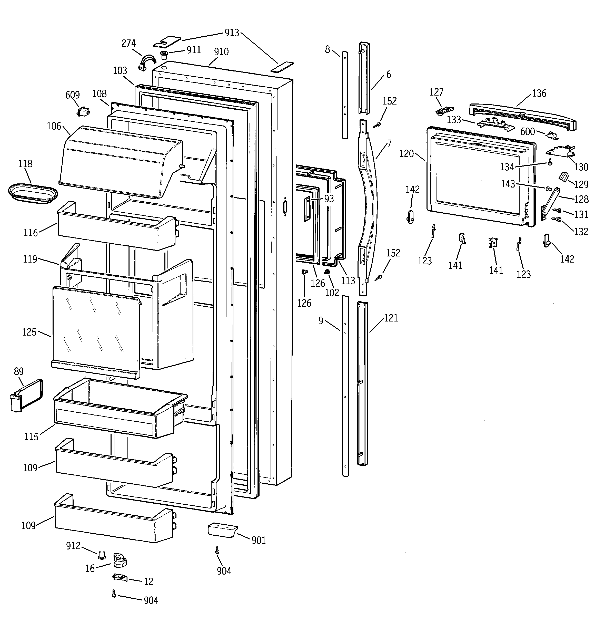GE TPX24PBBEWW fresh food door diagram