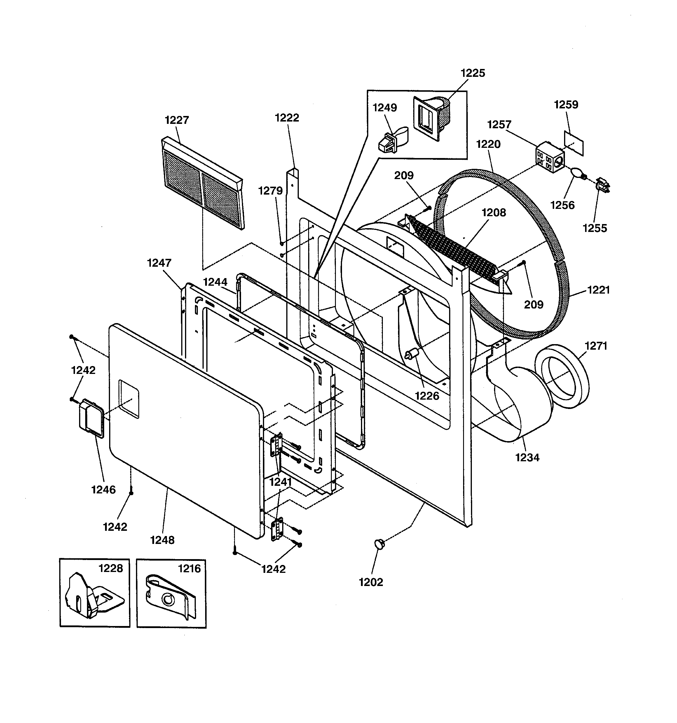 GE DSXH43EV0WW front panel & lint filter diagram