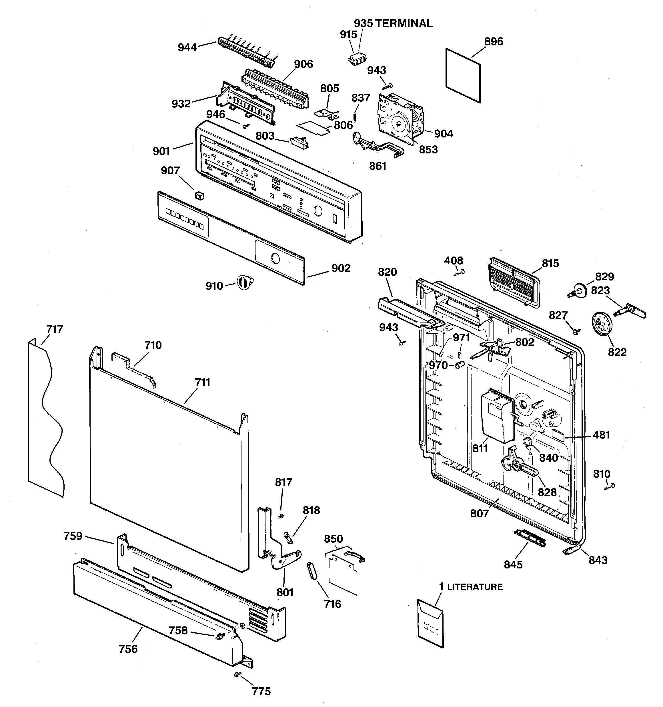 GE GSD3930C05WW escutcheon & door assembly diagram