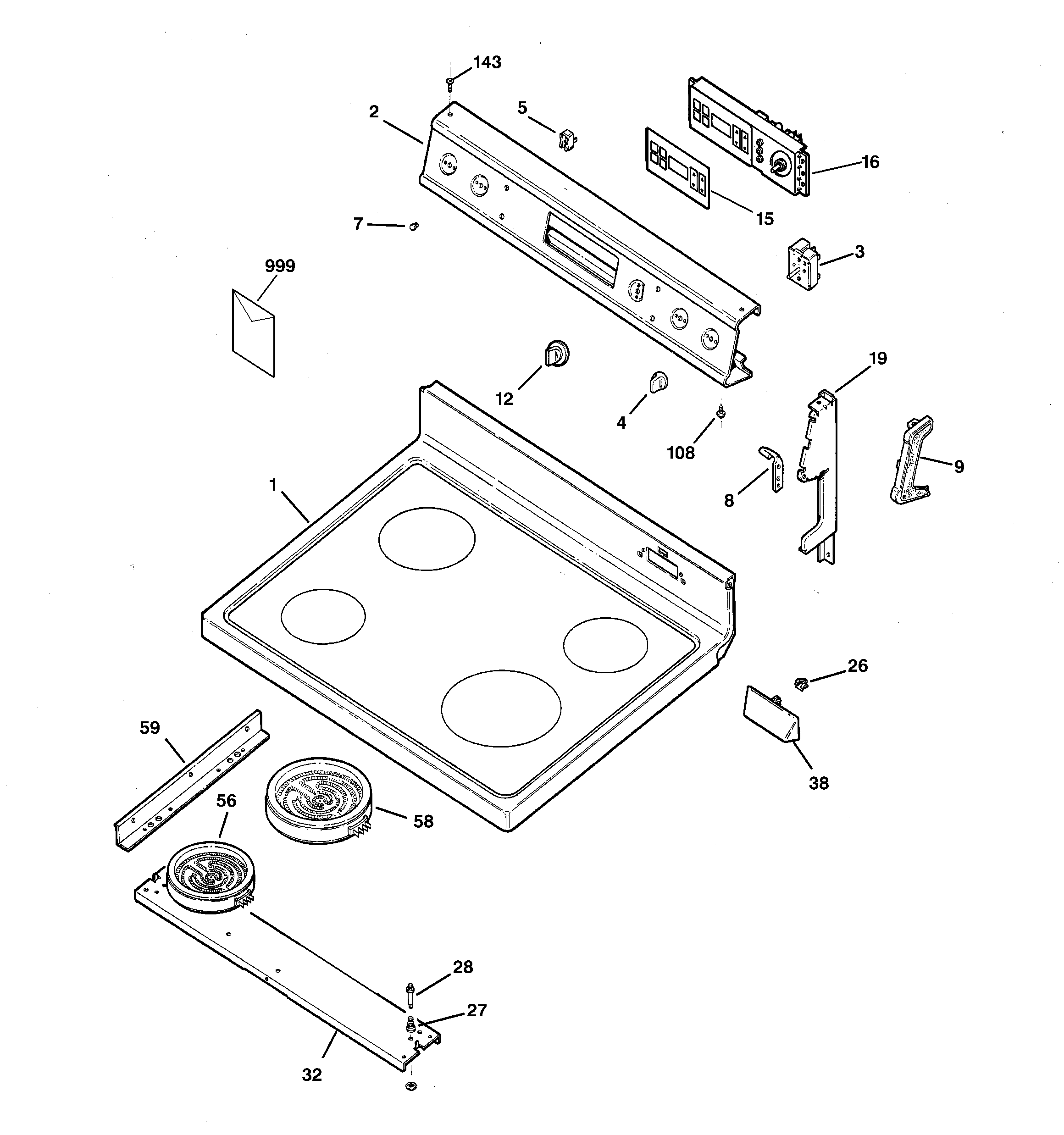 GE JBP61WB1WW control panel & cooktop diagram