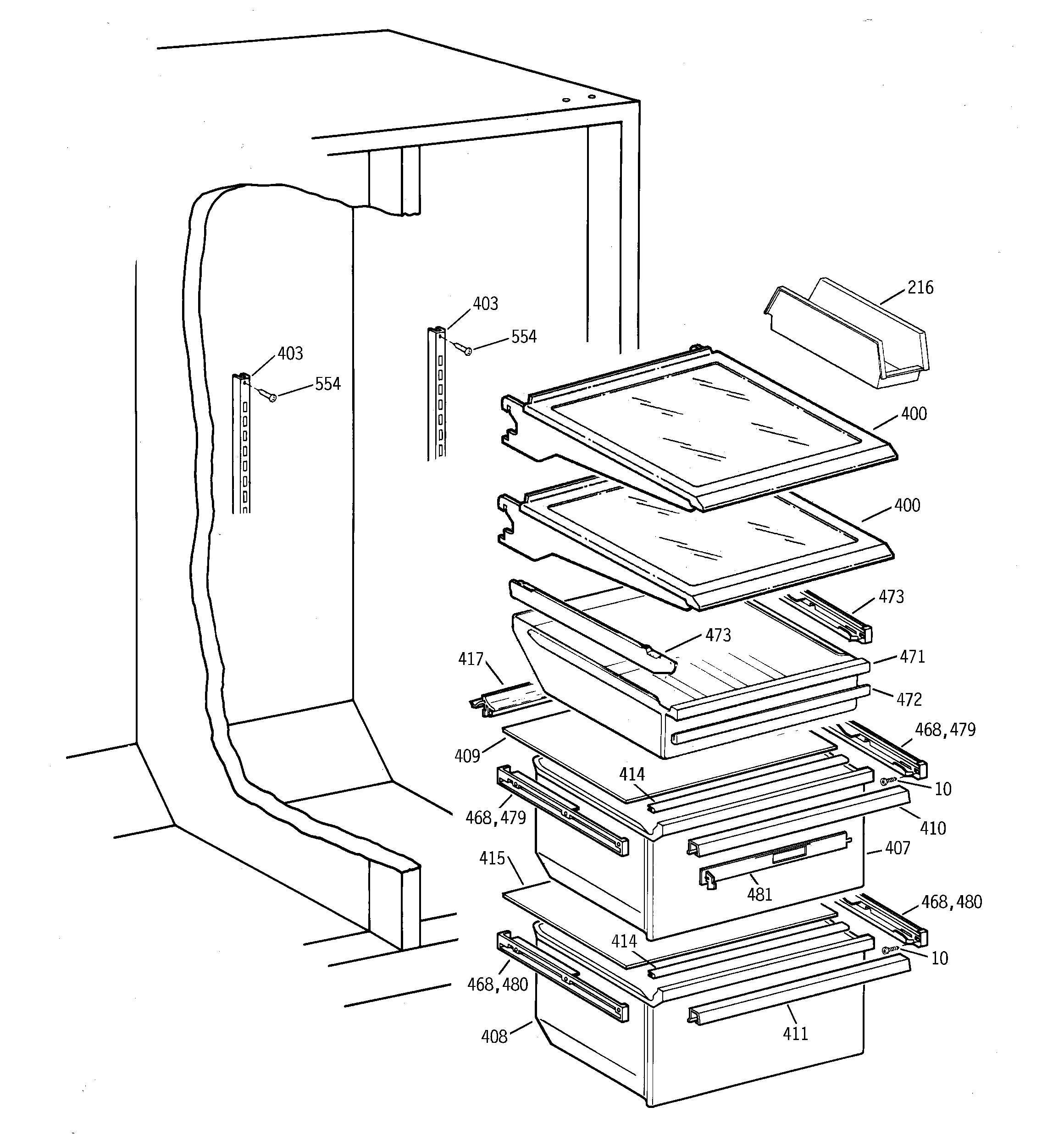 GE TFX22ZPBEBB fresh food shelves diagram