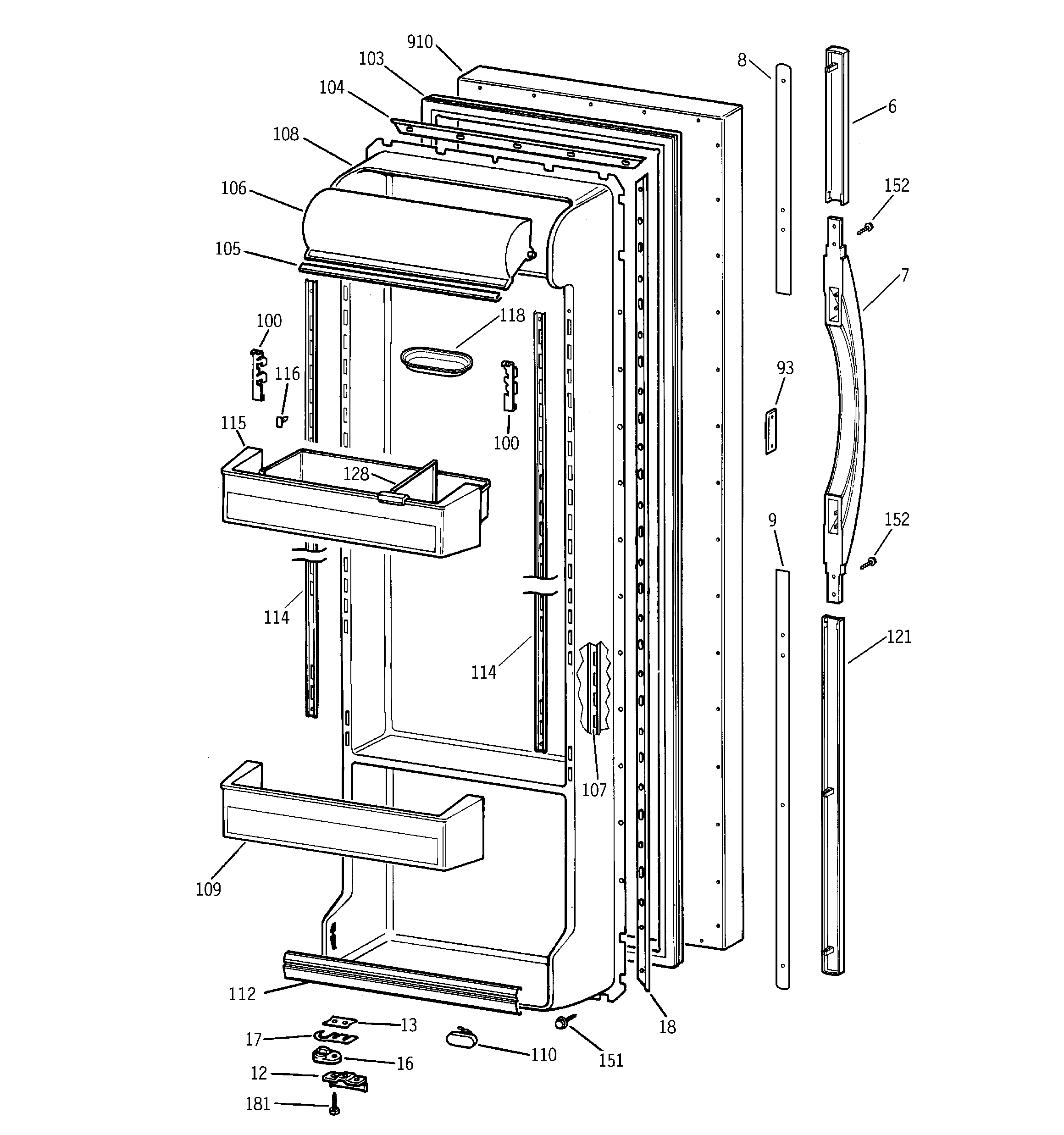 GE TFG25PEBEWH fresh food door diagram