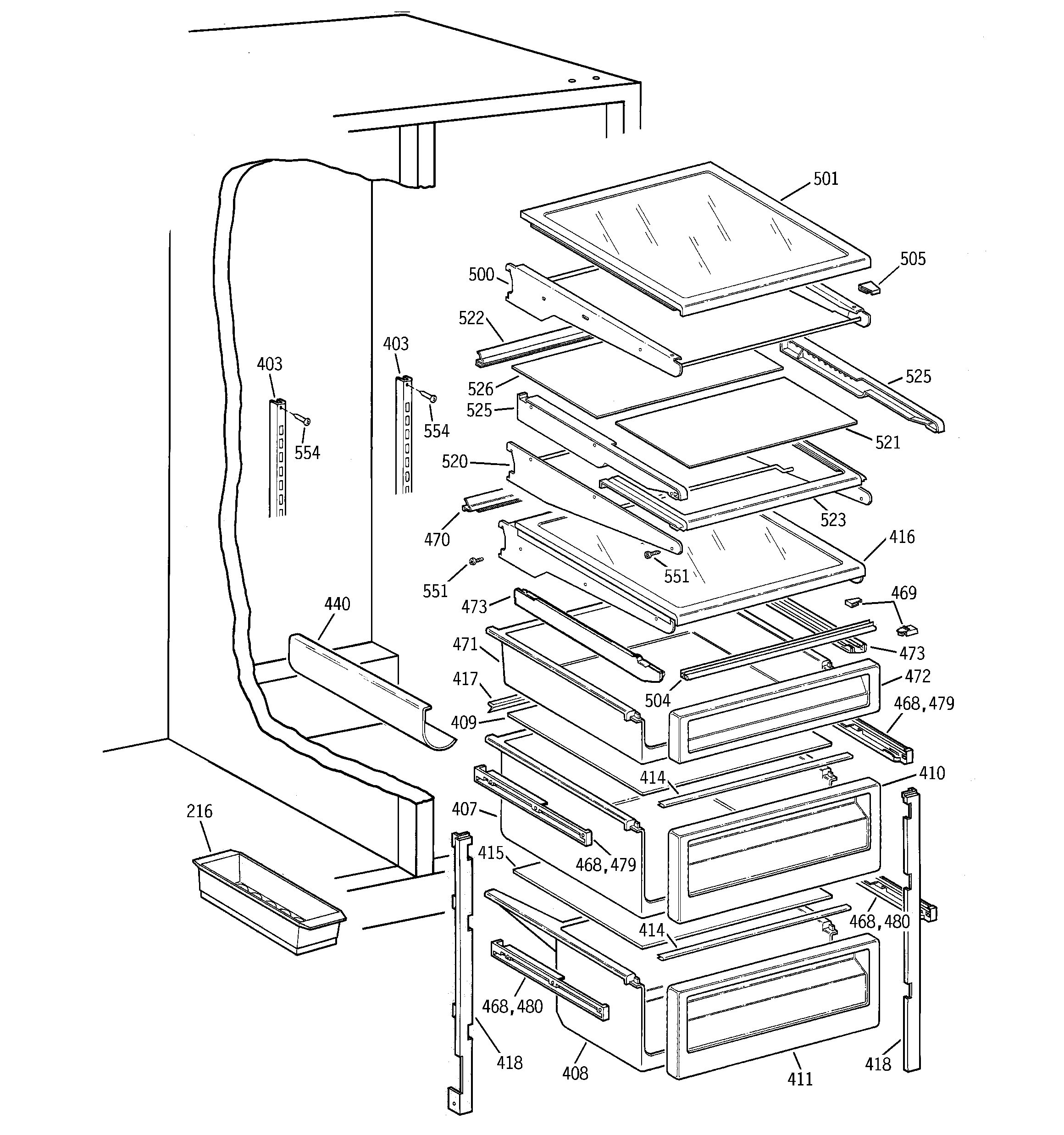 GE TFG25PEBEWH fresh food shelves diagram