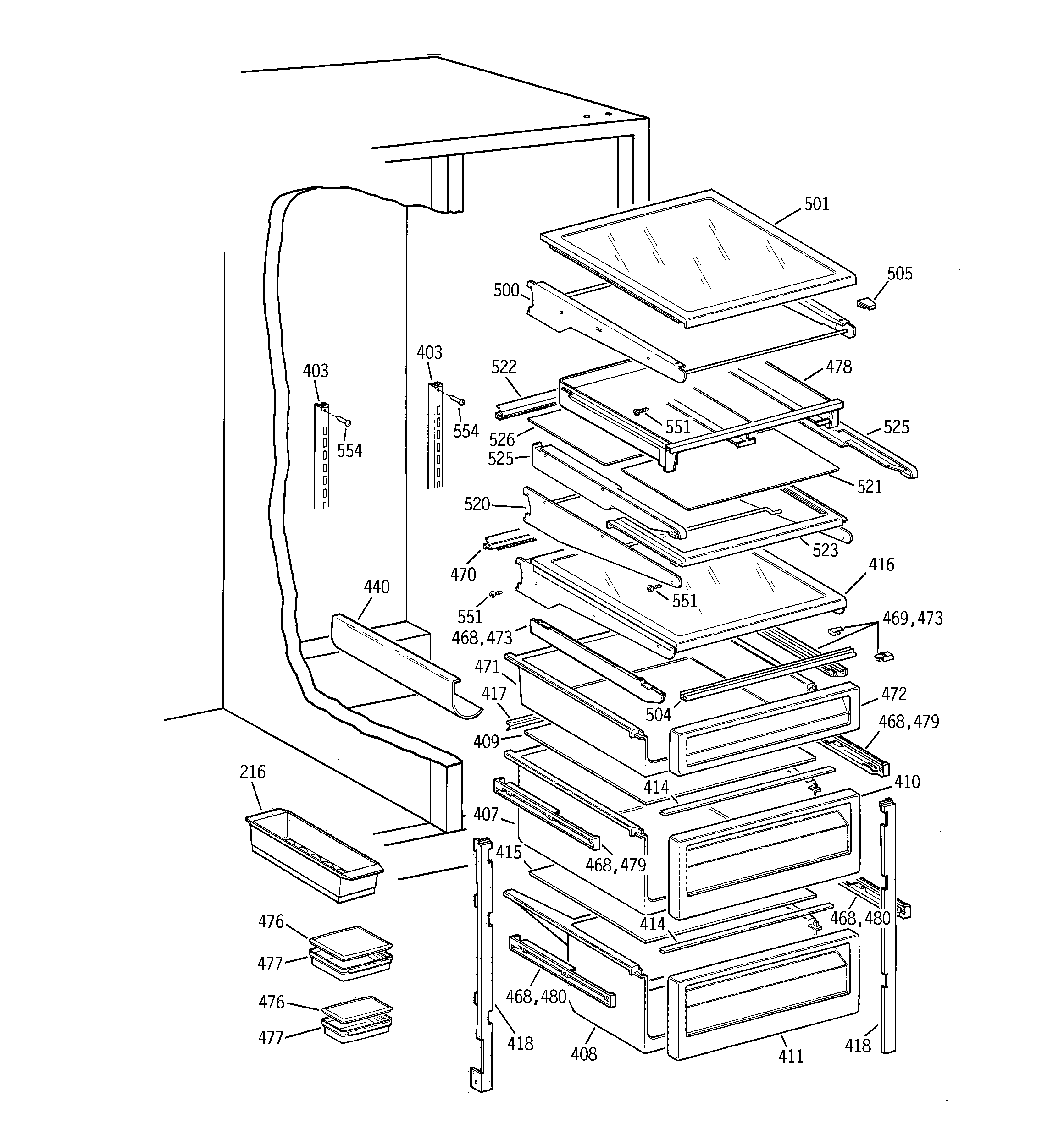 GE TFG28PFCEWW fresh food shelves diagram
