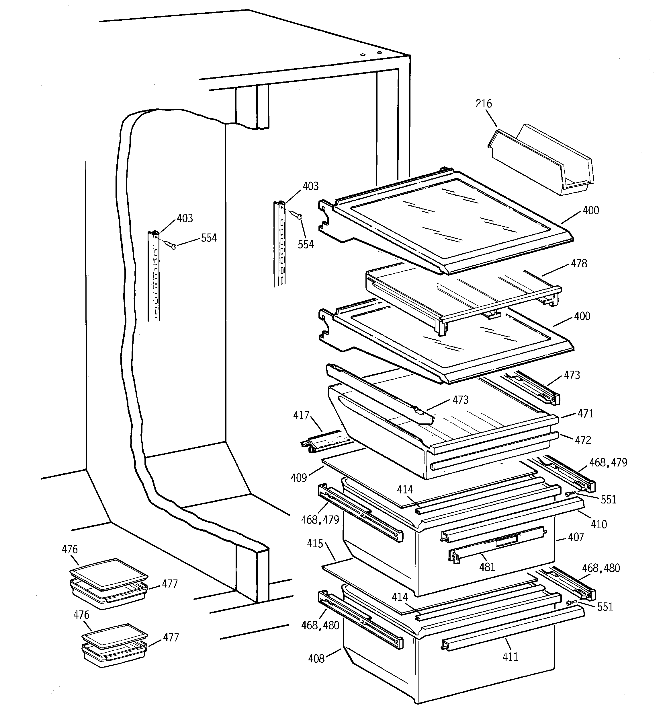 GE TFG28ZFCEWH fresh food shelves diagram