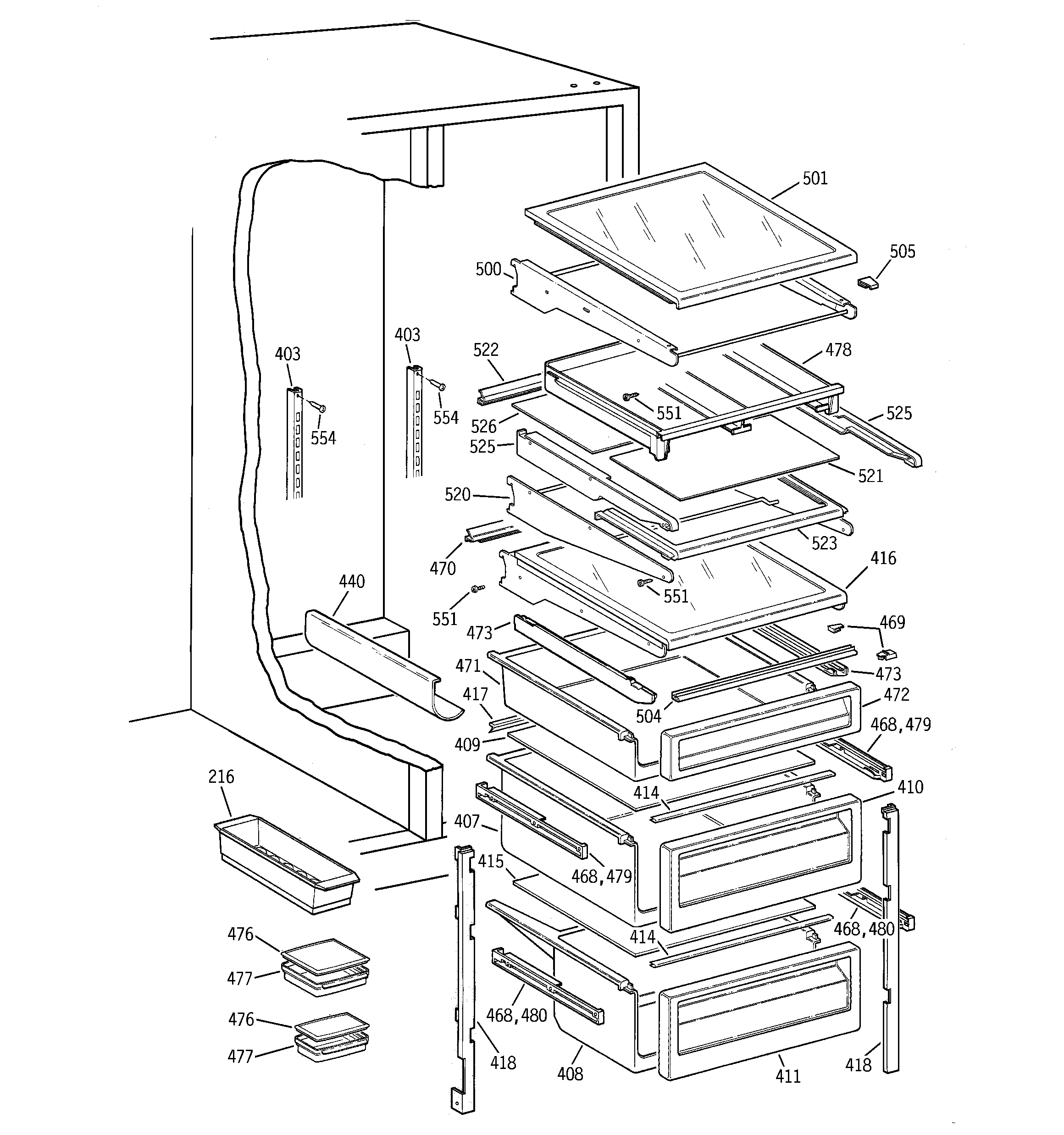 GE TFJ28PFBEAA fresh food shelves diagram