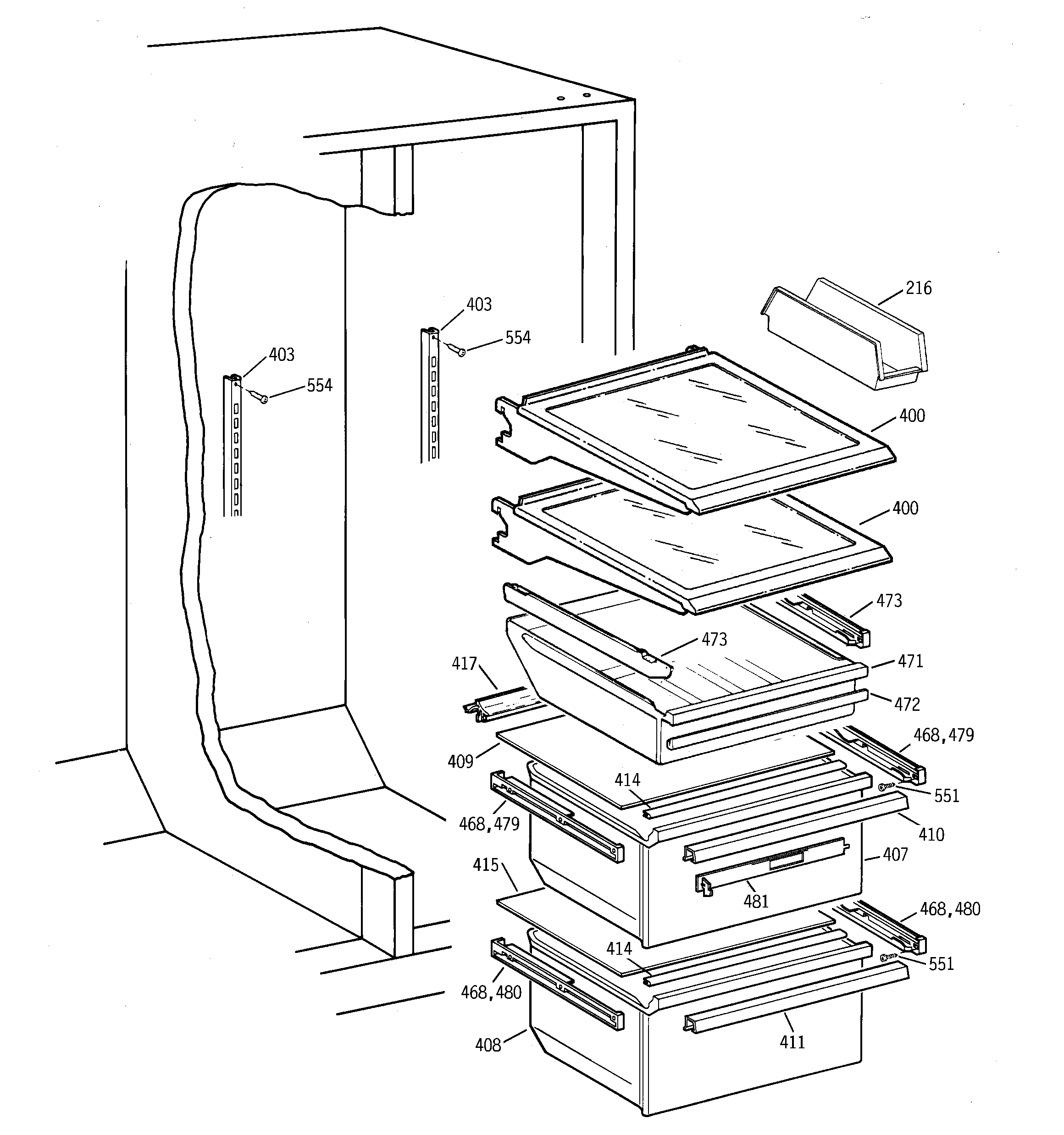 GE TFK28ZRBEAA fresh food shelves diagram